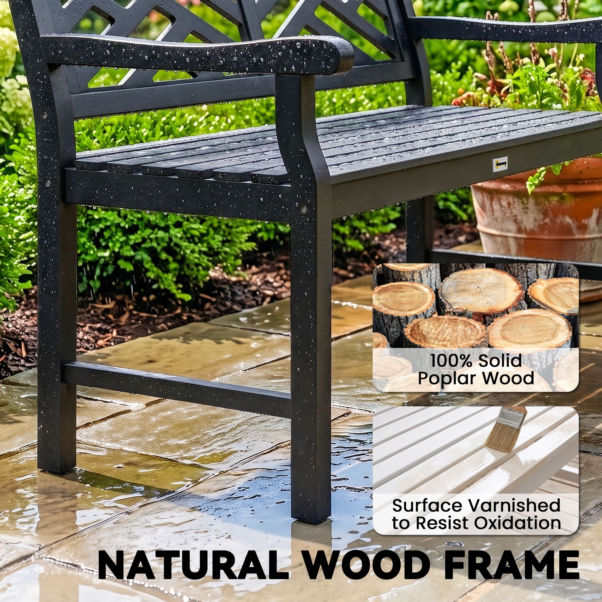Outdoor Garden Bench, Wooden Frame Patio Bench with Geometric Pattern, 43.25 Inch Weatherproof 2-Person Love Seat for Garden, Lawn, Porch, Yard, Work Entryway, Black