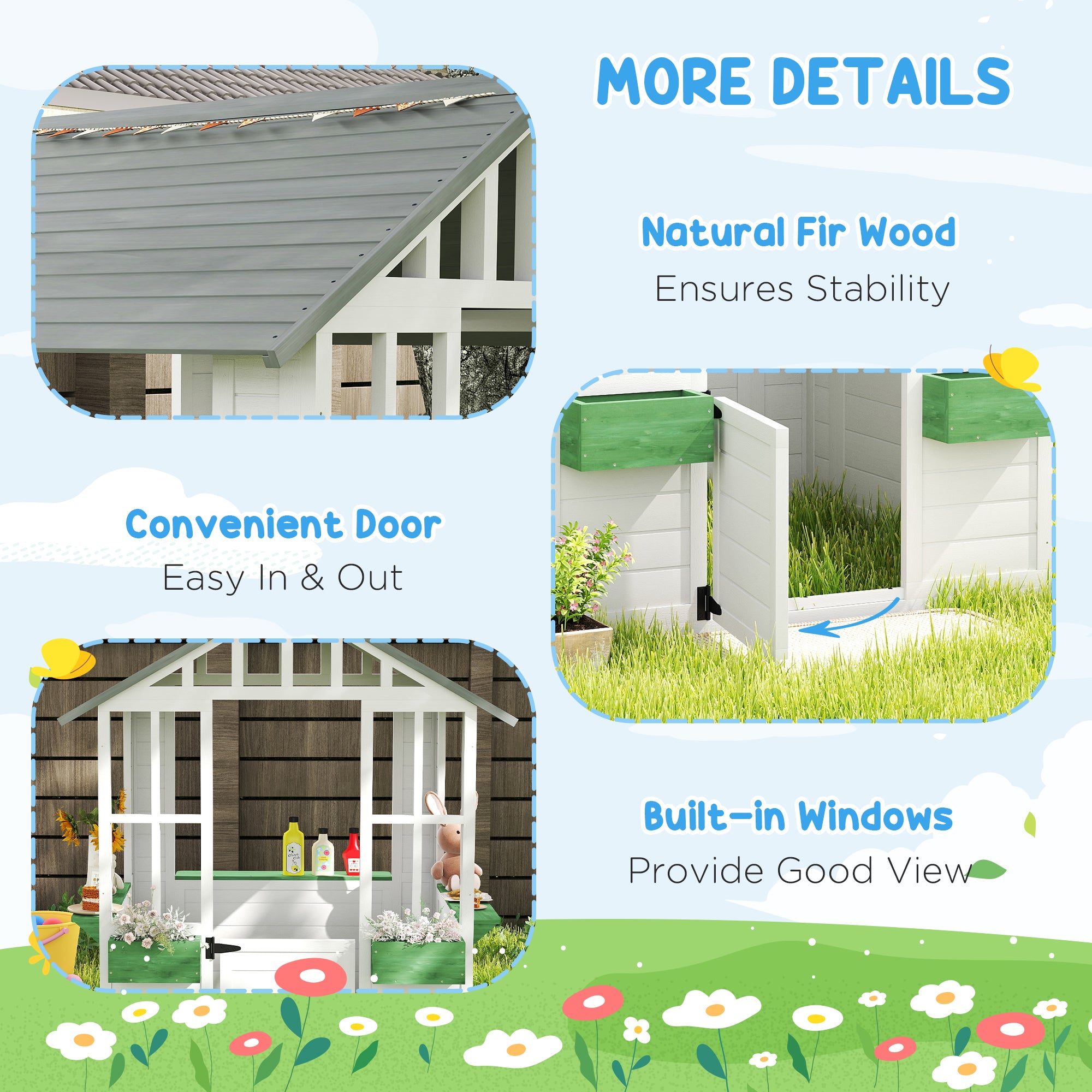 Kids Wooden Playhouse, Outdoor Garden Games Cottage with Flowers Pot Holder, Working Door, Windows, White