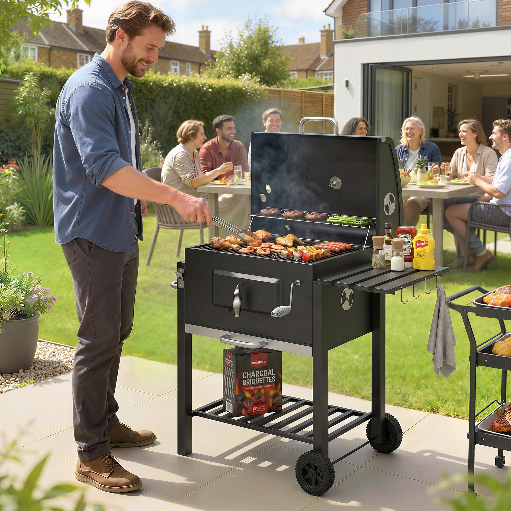 Charcoal BBQ Grill and Smoker Combo Outdoor Portable Trolley Camping Picnic Backyard with Side Shelf, Black