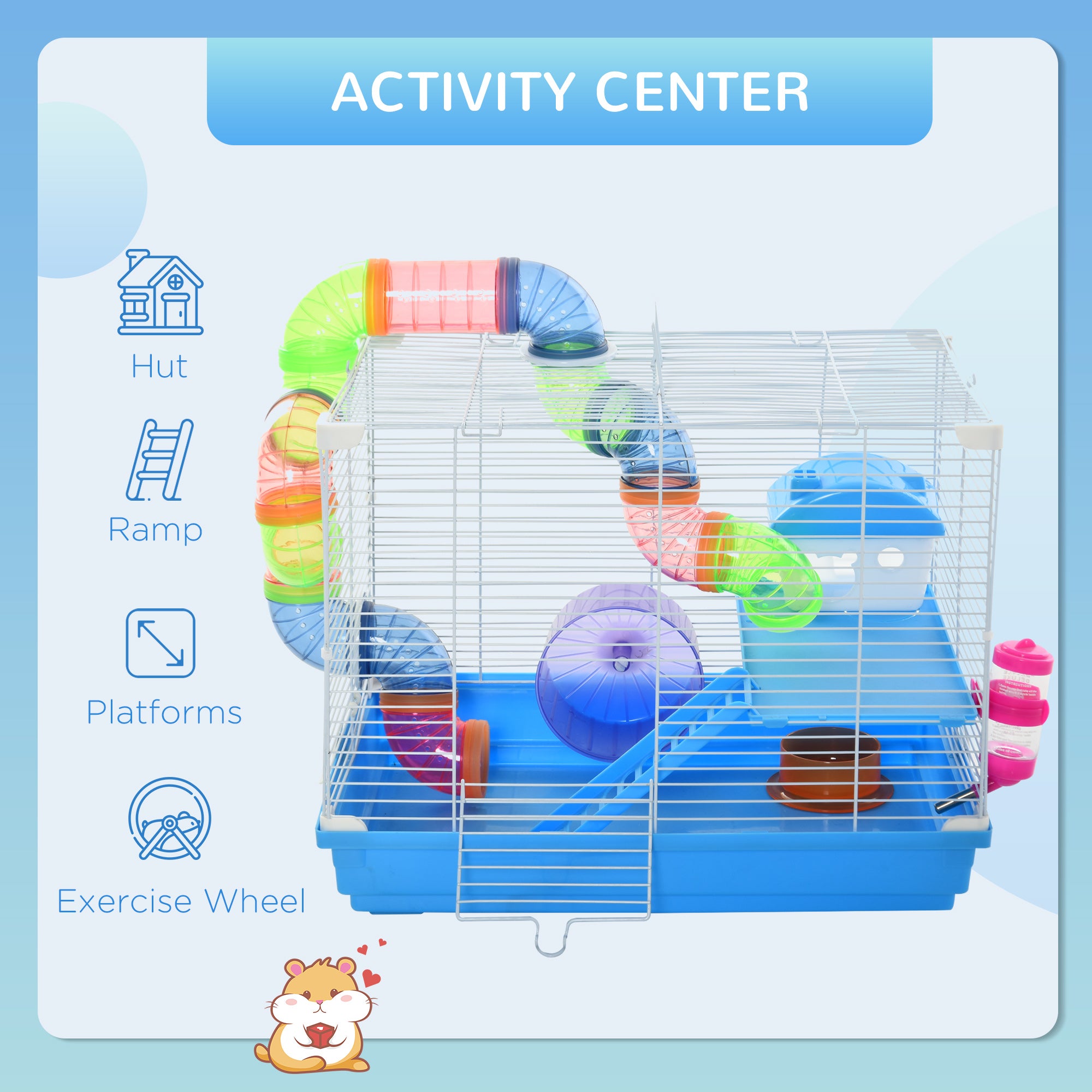 2-Level Hamster Cage Rodent Gerbil House Mouse Mice Rat Habitat Metal Wire with Exercise Wheel, Play Tubes, Water Bottle, Food Dishes, & Interior Ladder