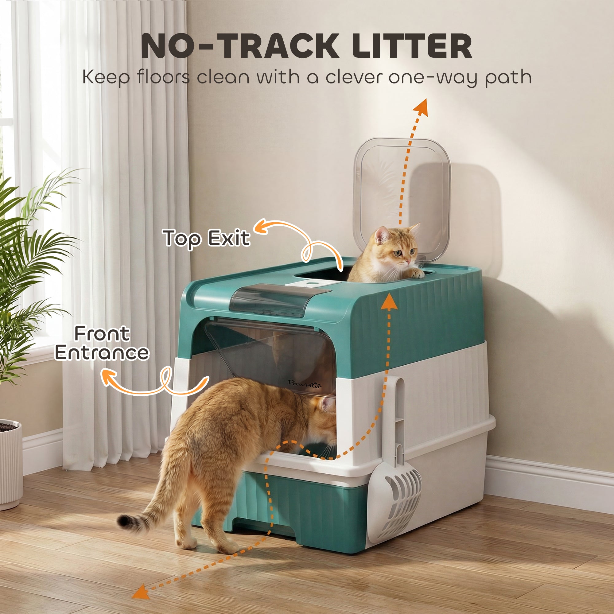 Cat Litter Box Hooded Cat Litter Tray with Drawer Pan Front Entry & Top Exit Easy Cleaning Teal