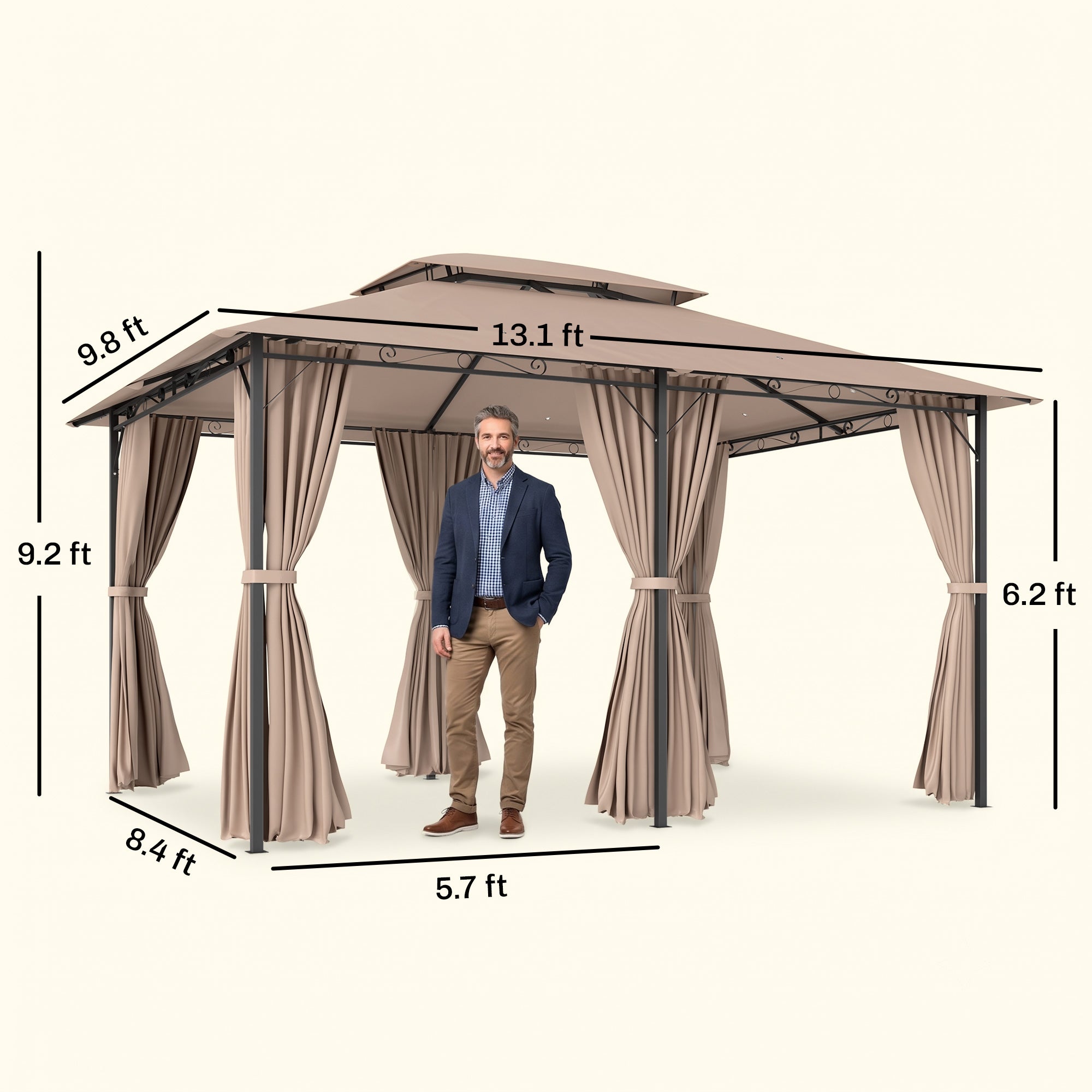 10' x 13' Patio Gazebo, Outdoor Gazebo Canopy Shelter with Curtains, Vented Roof, Steel Frame for Garden, Lawn, Backyard and Deck, Khaki