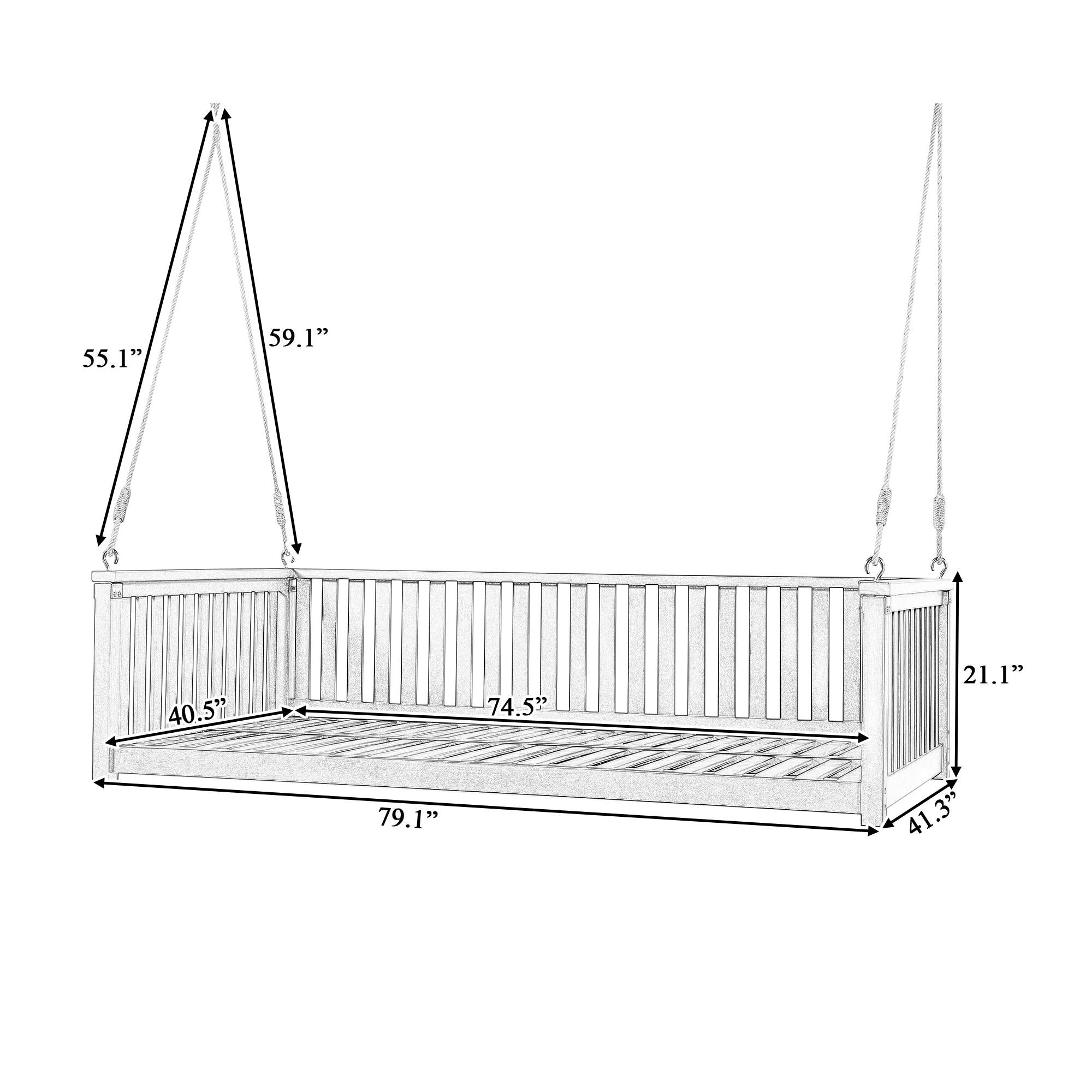 Minimalist Swing Bed with Safe Sloped Design for Backyard, Wooden Porch Swing with High Weight Capacity, 79" L x 41.5" W x 21" H, Gray