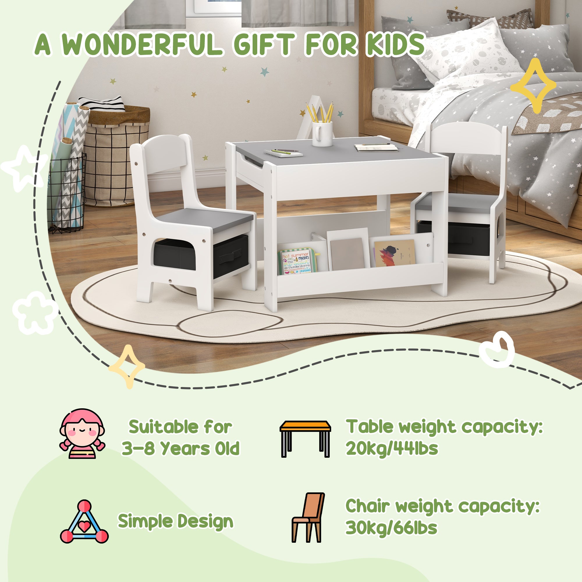 3pc Kids Table and Chair Set with Reversible Tabletop Blackboard, Storage & Bookshelves, Gray