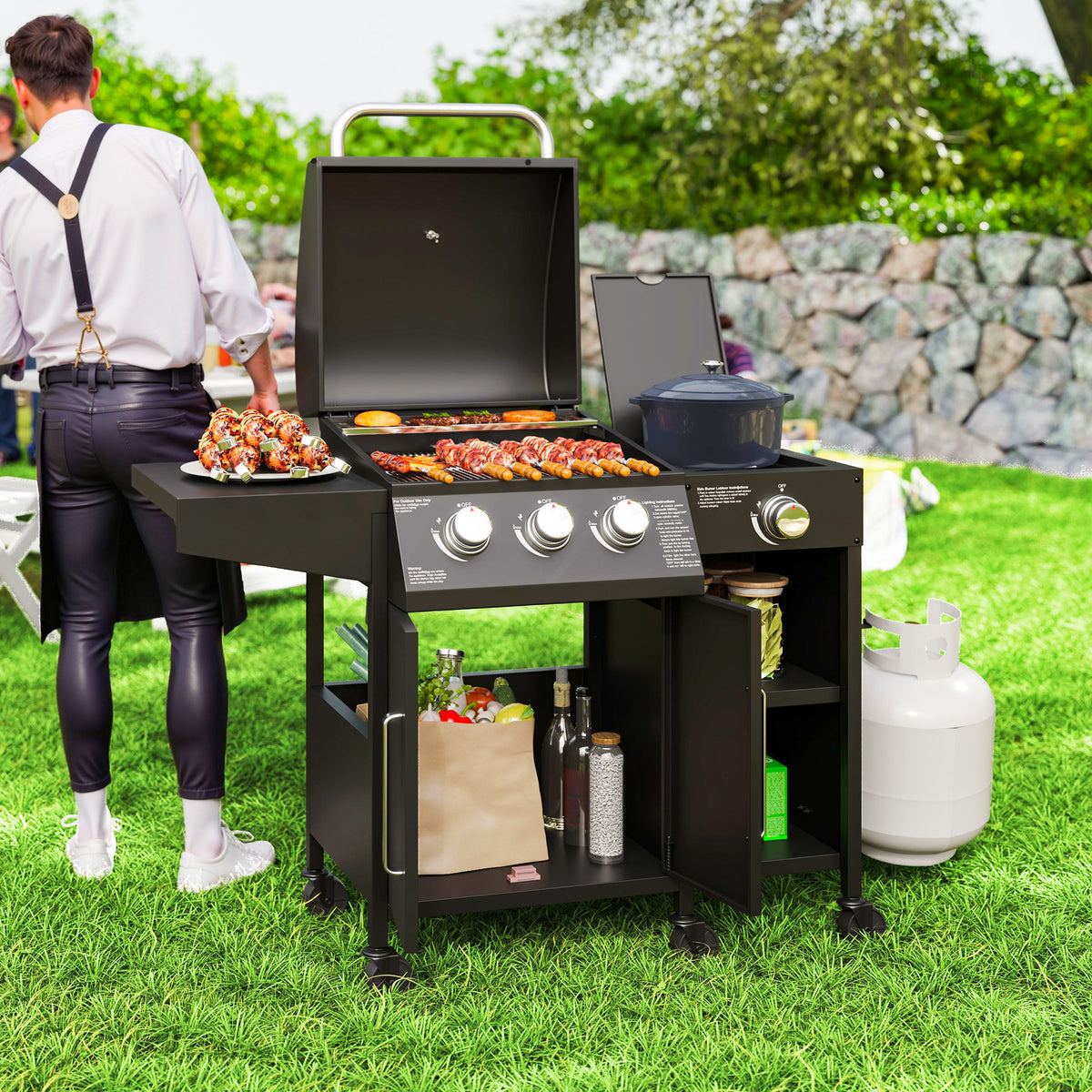 3 Burner Propane Gas Grill with Side Burner Barbecue Grill with Shelves, 9.5 KW Output, 310 Sq. in. Cooking Area