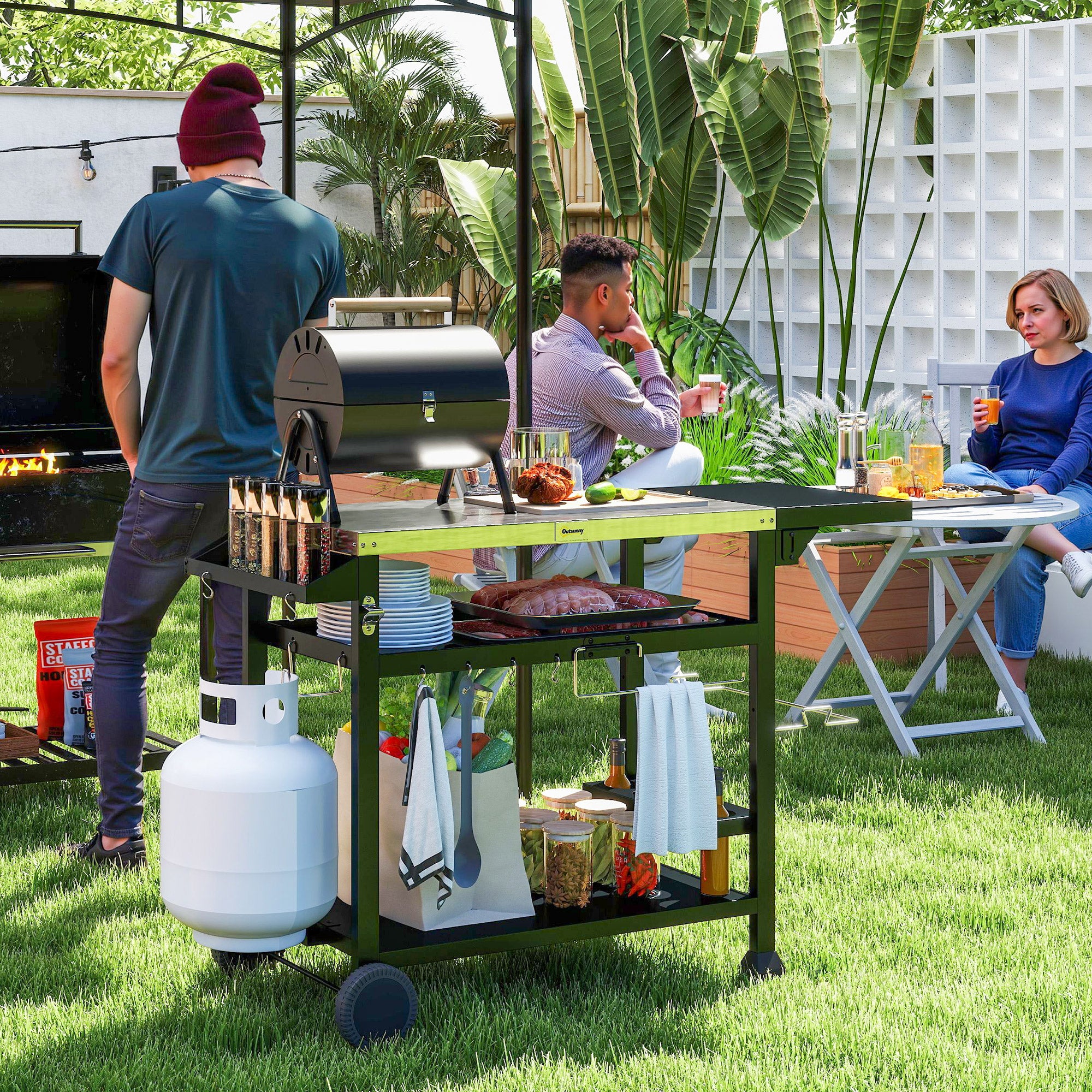 3-Shelf Outdoor Grill Cart Table with Foldable Side Table, Stainless Steel Pizza Oven Stand on Wheels, Black