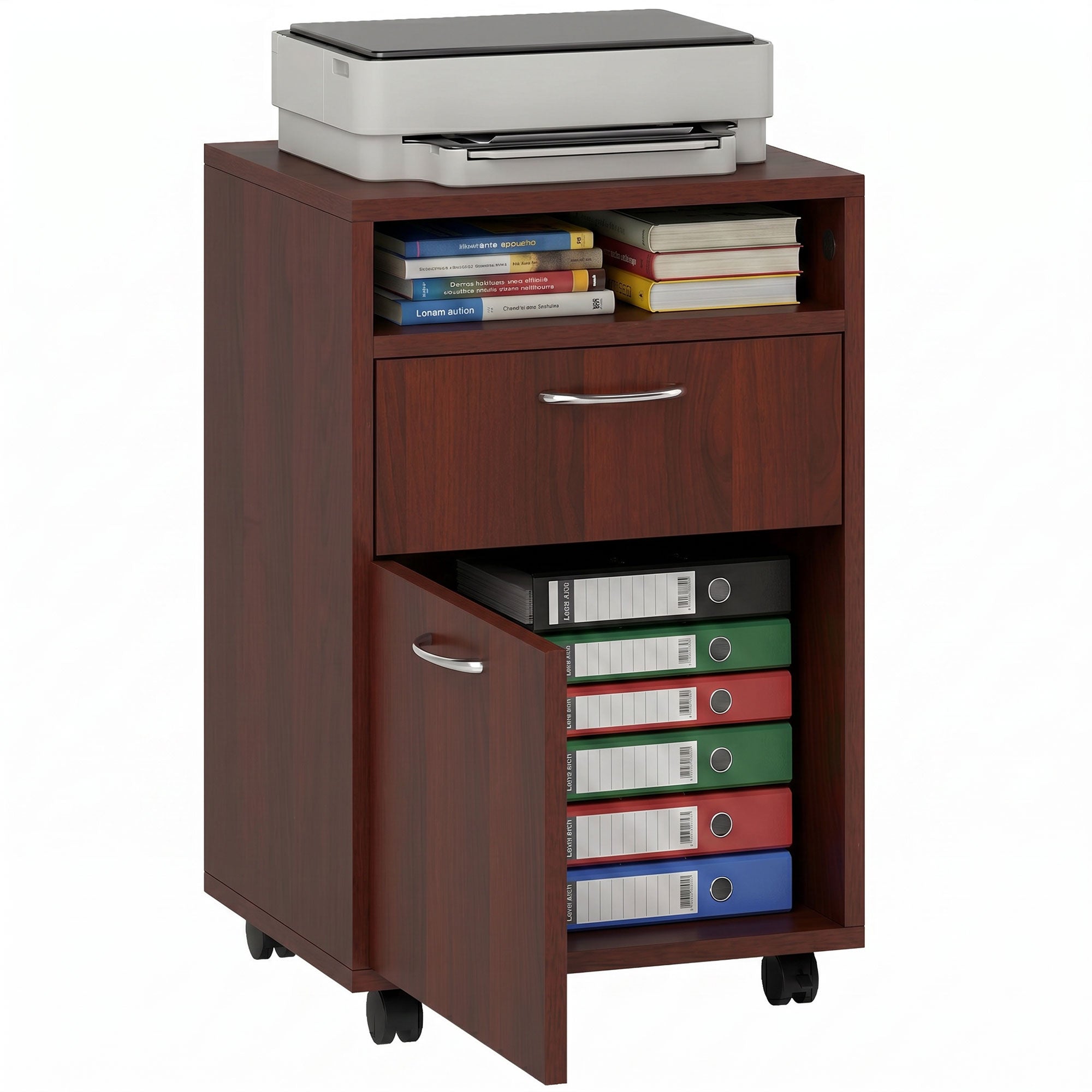 Mobile Storage Cabinet Organizer with Drawer and Cabinet, Printer Stand with Castors, Brown