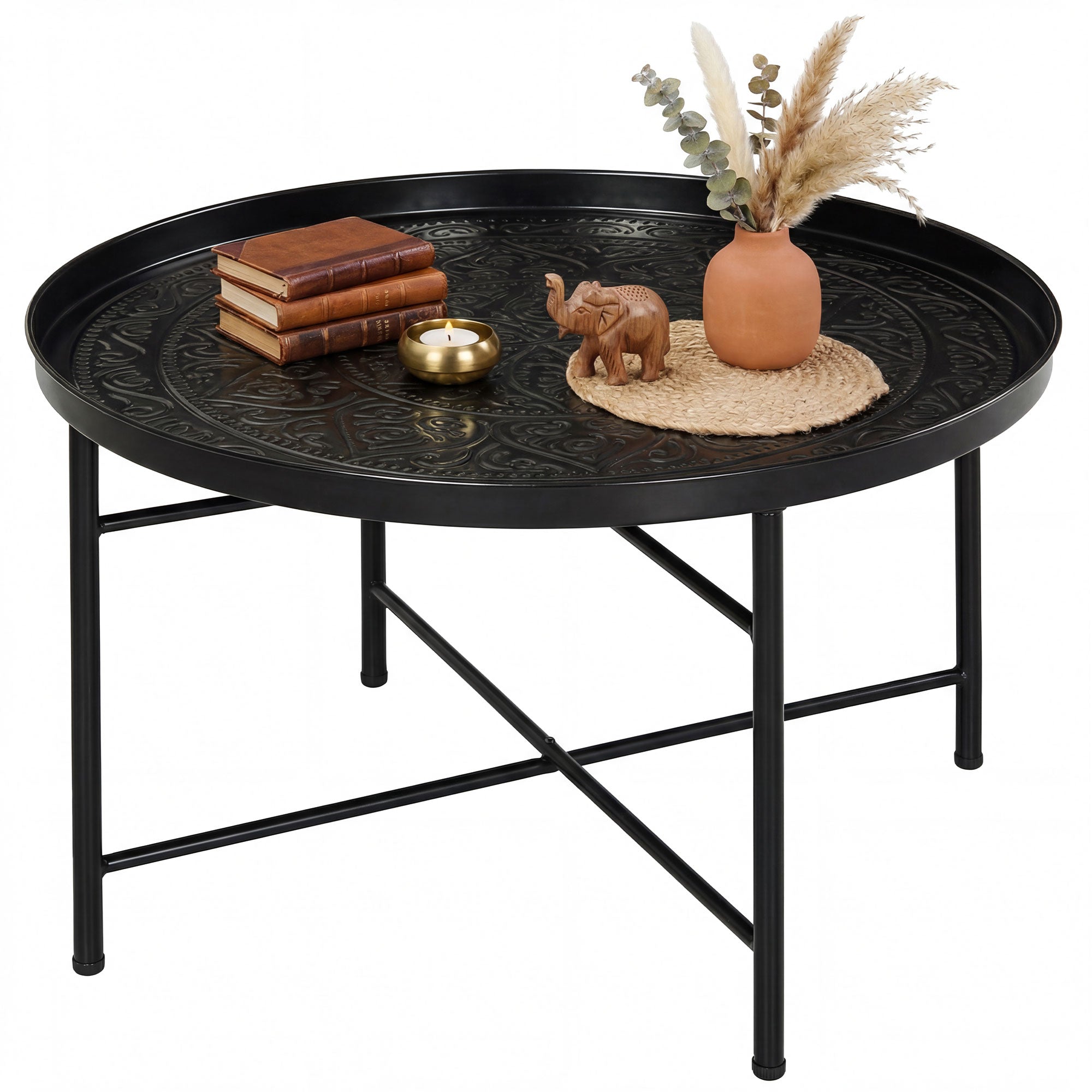 Coffee Table for Living Room, 24" Round Center Table with Hammered Tray Top and Metal Frame for Bedroom, Black