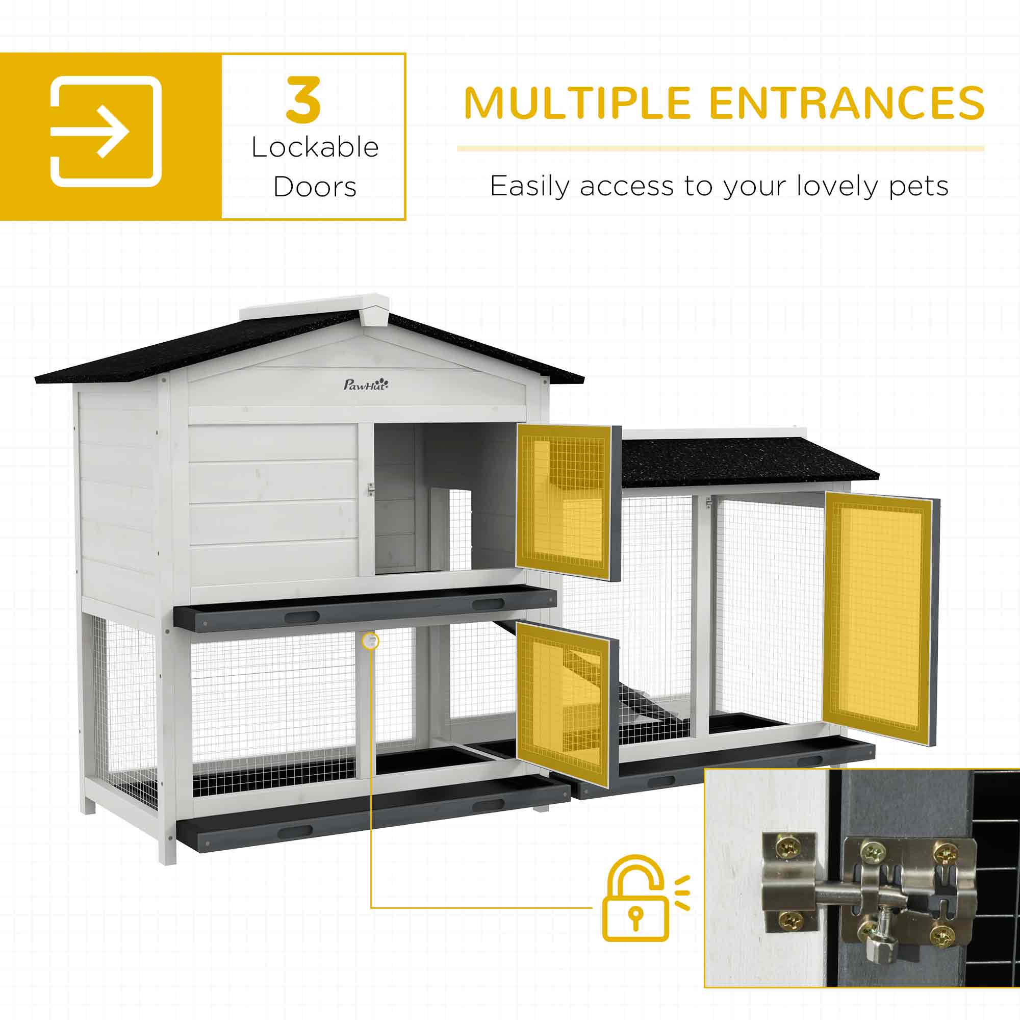 62" Rabbit Hutch, Wooden Bunny Hutch, Guinea Pig Cage, Small Animal Enclosure with Run Area, Removable Tray, Asphalt Roof, Lockable Doors and Ramp, for Rabbits, Chickens, Ducks, White