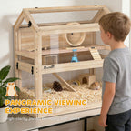 Wooden Hamster Cage, 3-Tier Small Animal Cage with Hut, Seesaw, Ramps, Exercise Wheel, Acrylic Panel and Bottom Tray
