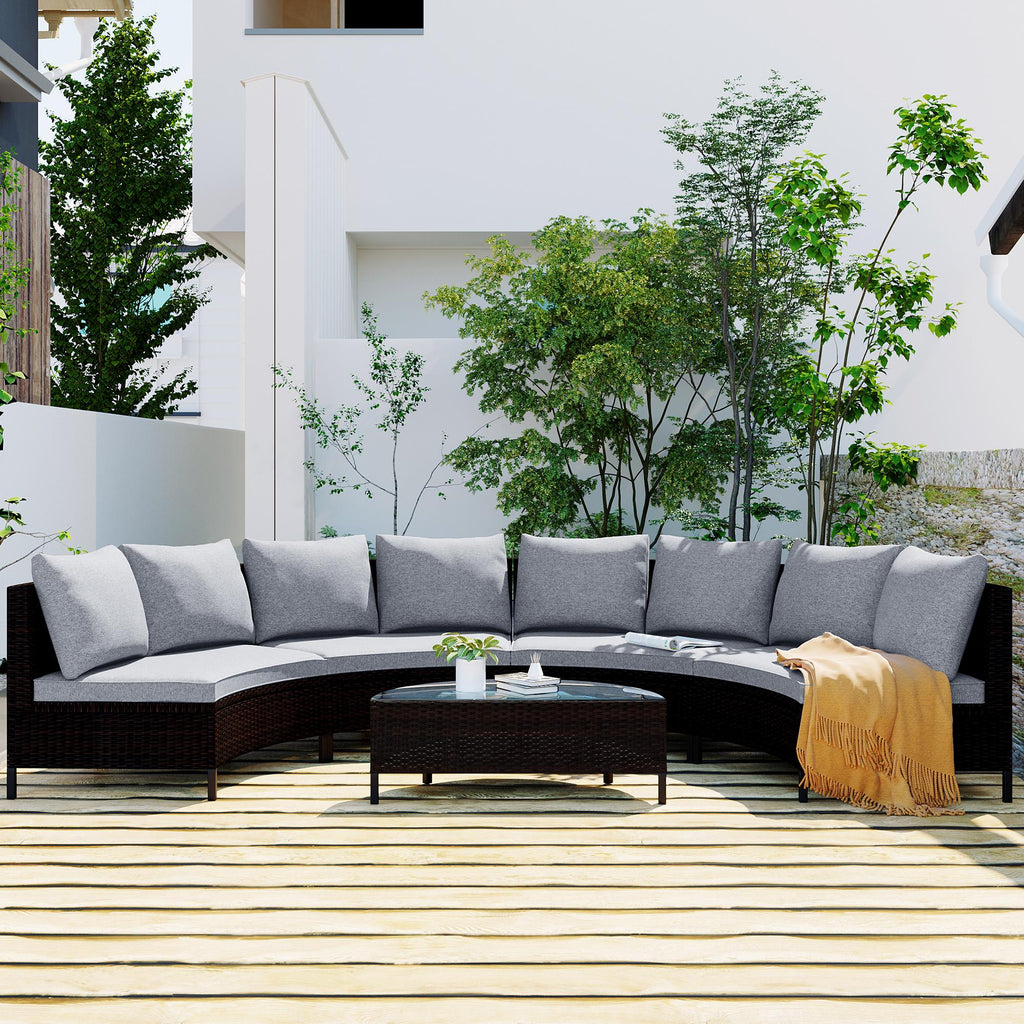 5 Piece Half-Moon Patio Sectional with Glass Table, All-Weather Wicker Sofa with Thick Cushions, 47.5" L x 27" W x 27" H, Grey