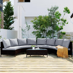 5 Piece Half-Moon Patio Sectional with Glass Table, All-Weather Wicker Sofa with Thick Cushions, 47.5" L x 27" W x 27" H, Grey