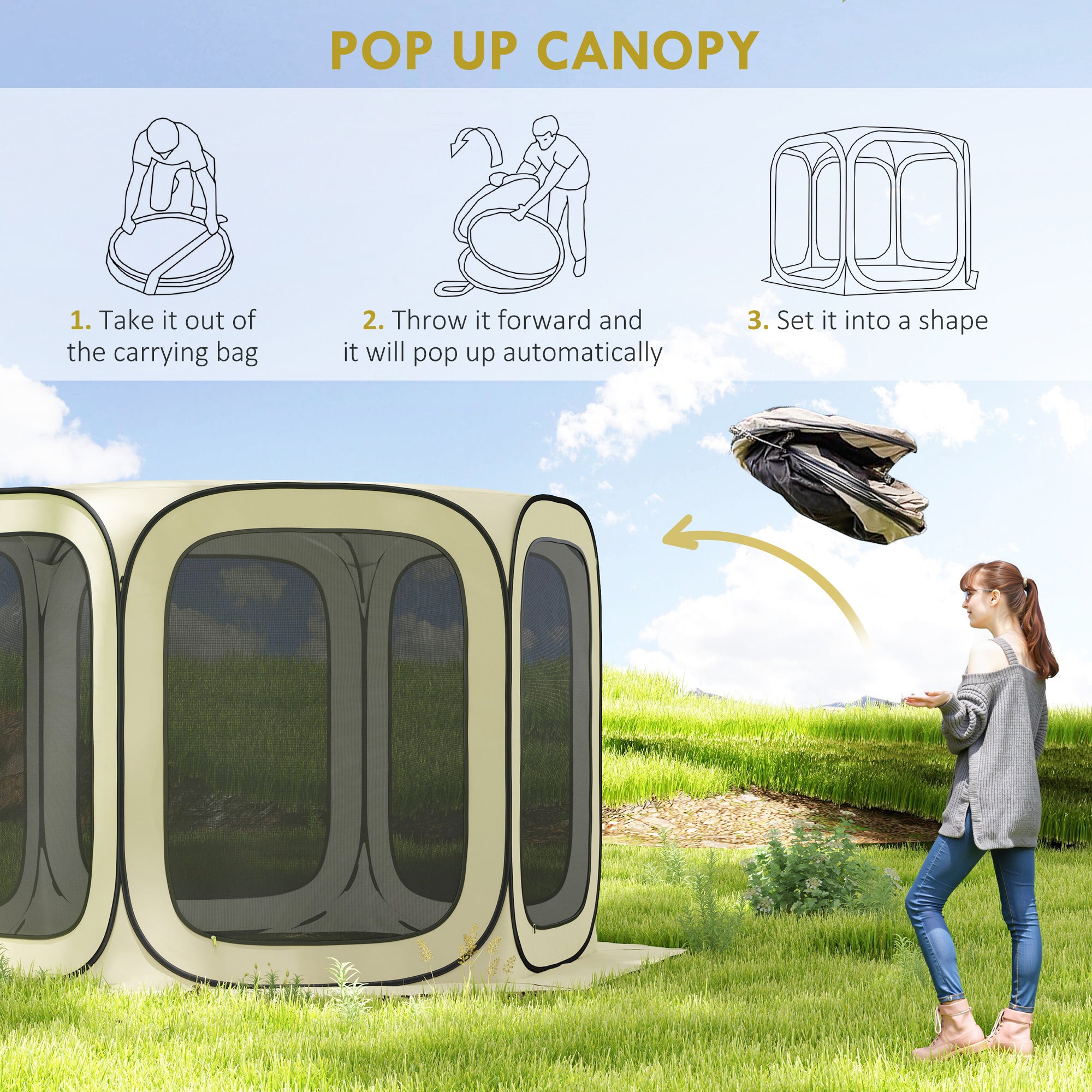 11 x 11ft Pop Up Screen Tent, UPF50+ Portable Camping Gazebo Screen House with Carry Bag, Beige
