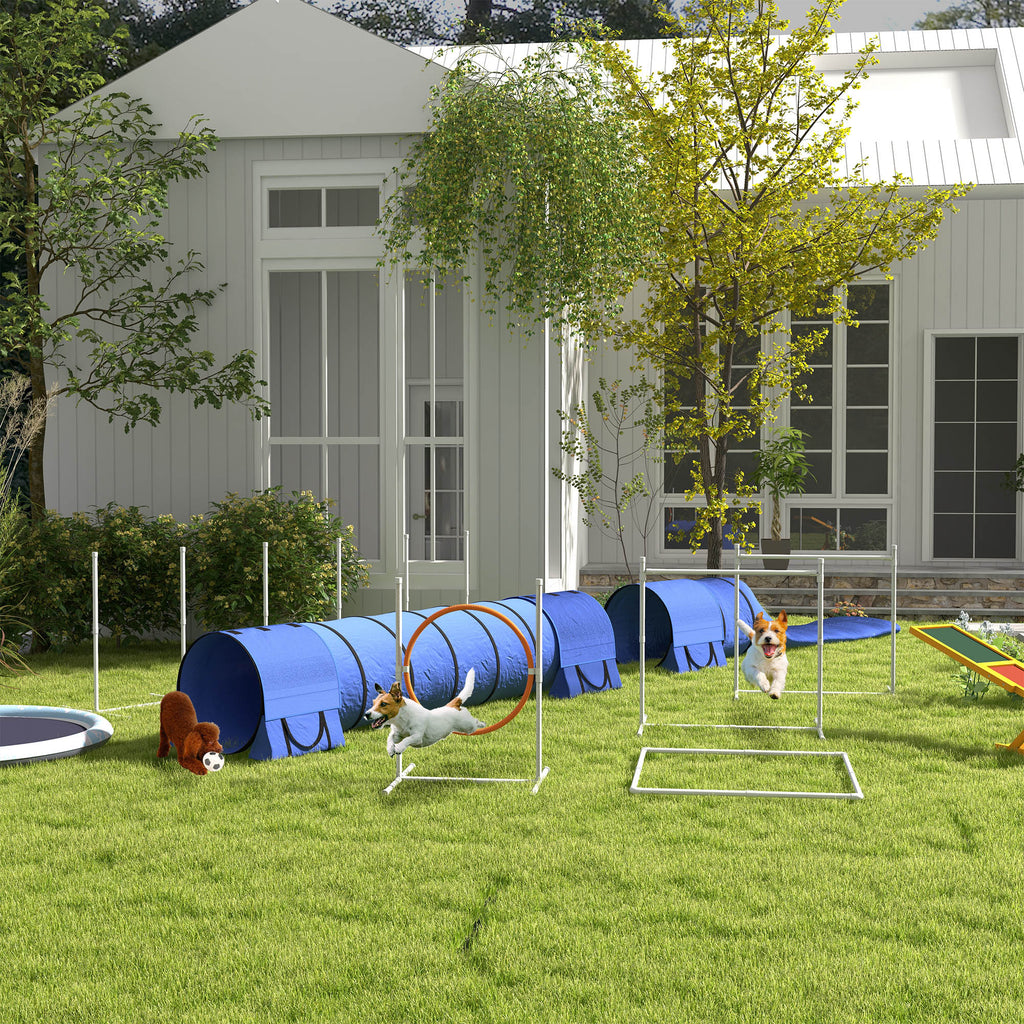 7pc Agility Training Equipment for Dogs w/ Tunnels, Weave Poles Adjustable Hurdle, Jumping Ring, Pause Box, Blue