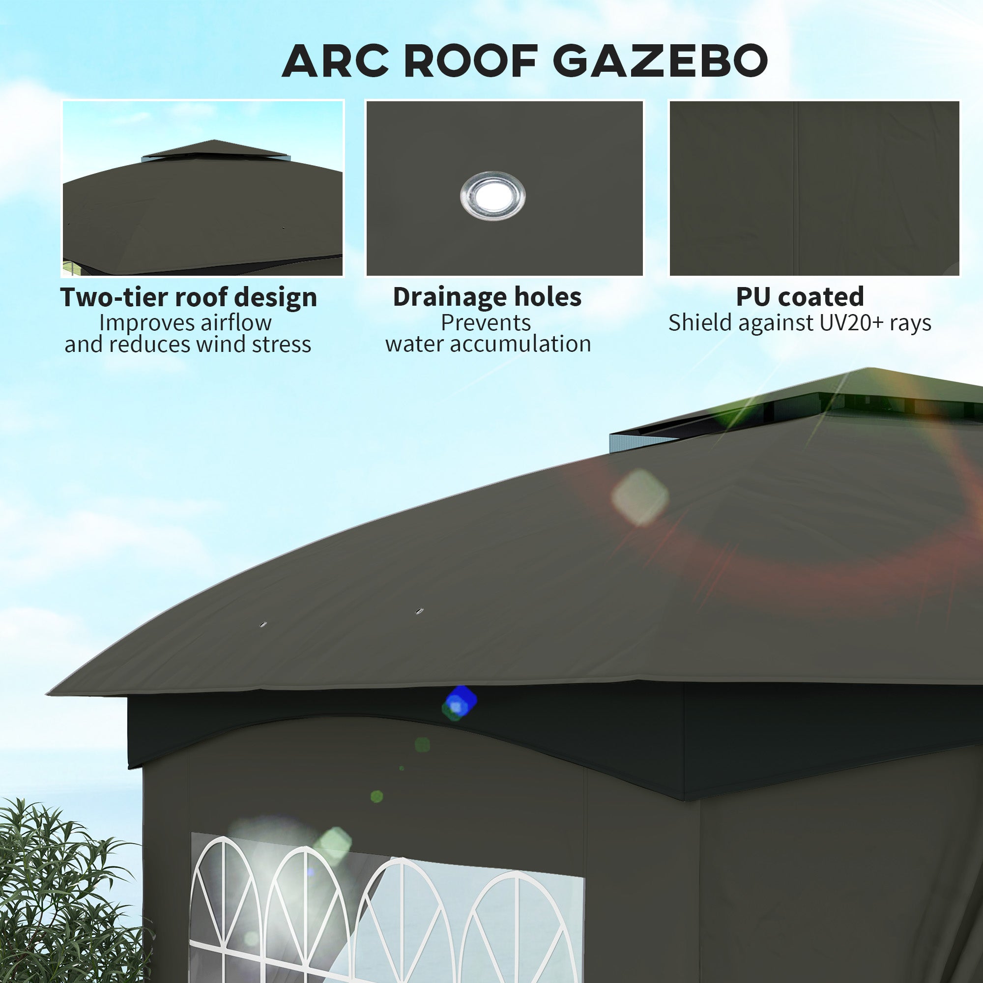 11' x 11' Outdoor Gazebo, Double Roof Patio Gazebo with Curtains, Church Windows, Galvanized Steel Frame, Dark Gray