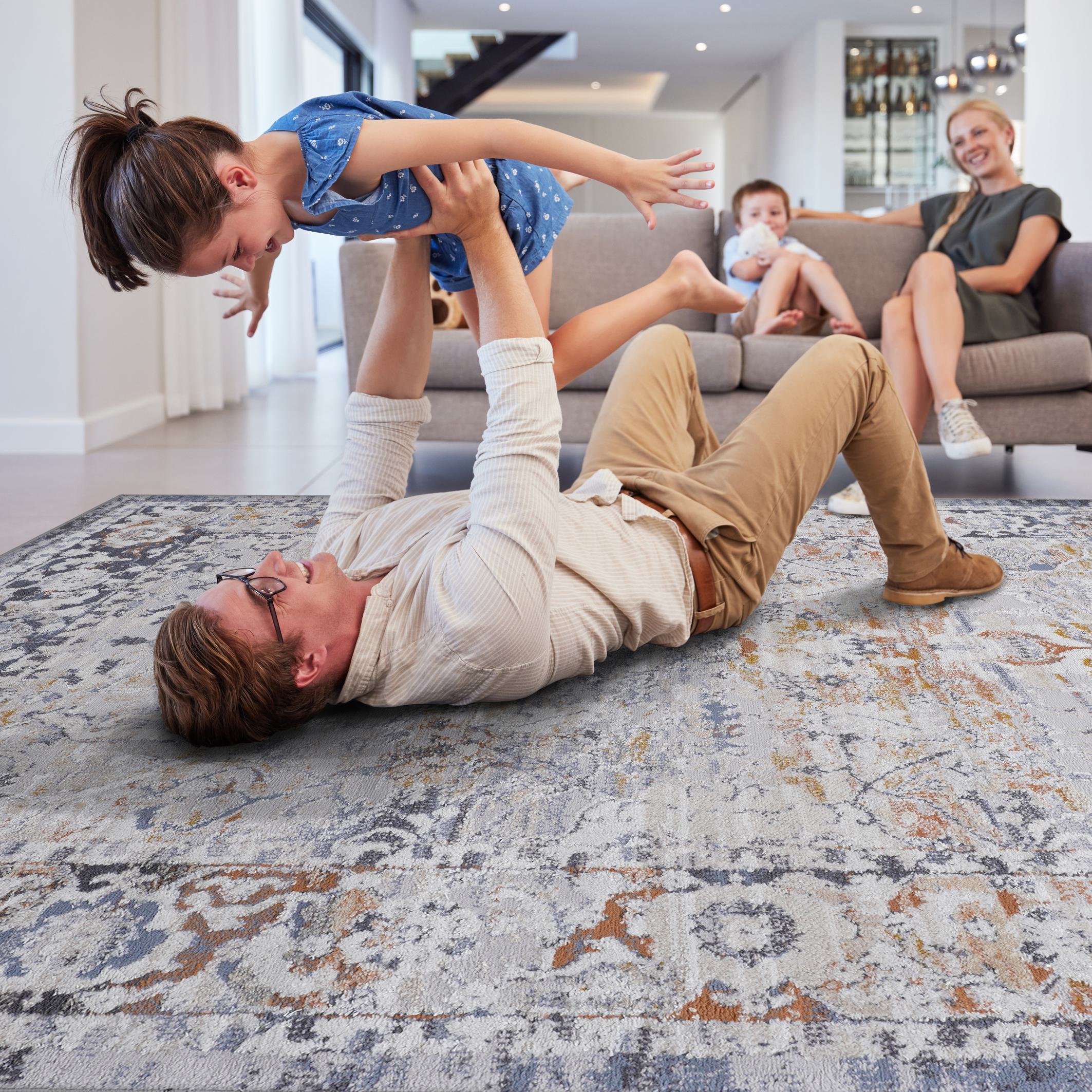 Naar 8x10 Stain-Resistant Area Rug with Cotton Backing, Medium Pile Height, Kid and Pet-Friendly Carpet, 120" L x 93" W x 0.3" H, Ivory+Gray
