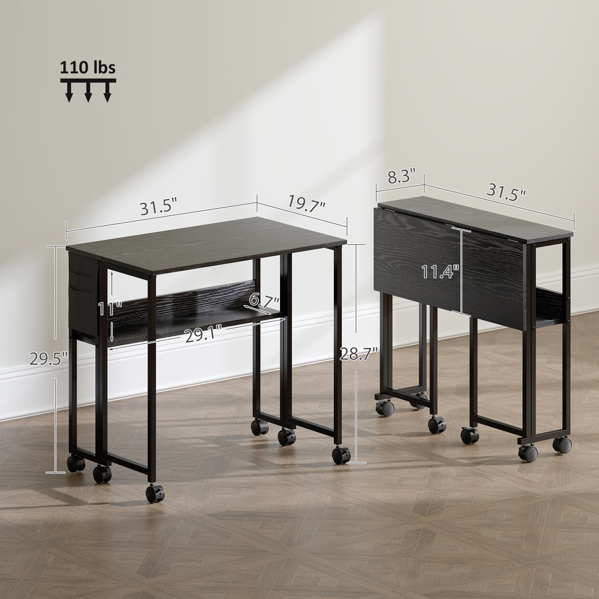 Folding Computer Desk, Foldable Desk with Storage Bag, Shelf and Wheels for Small Spaces, Home Office, Black