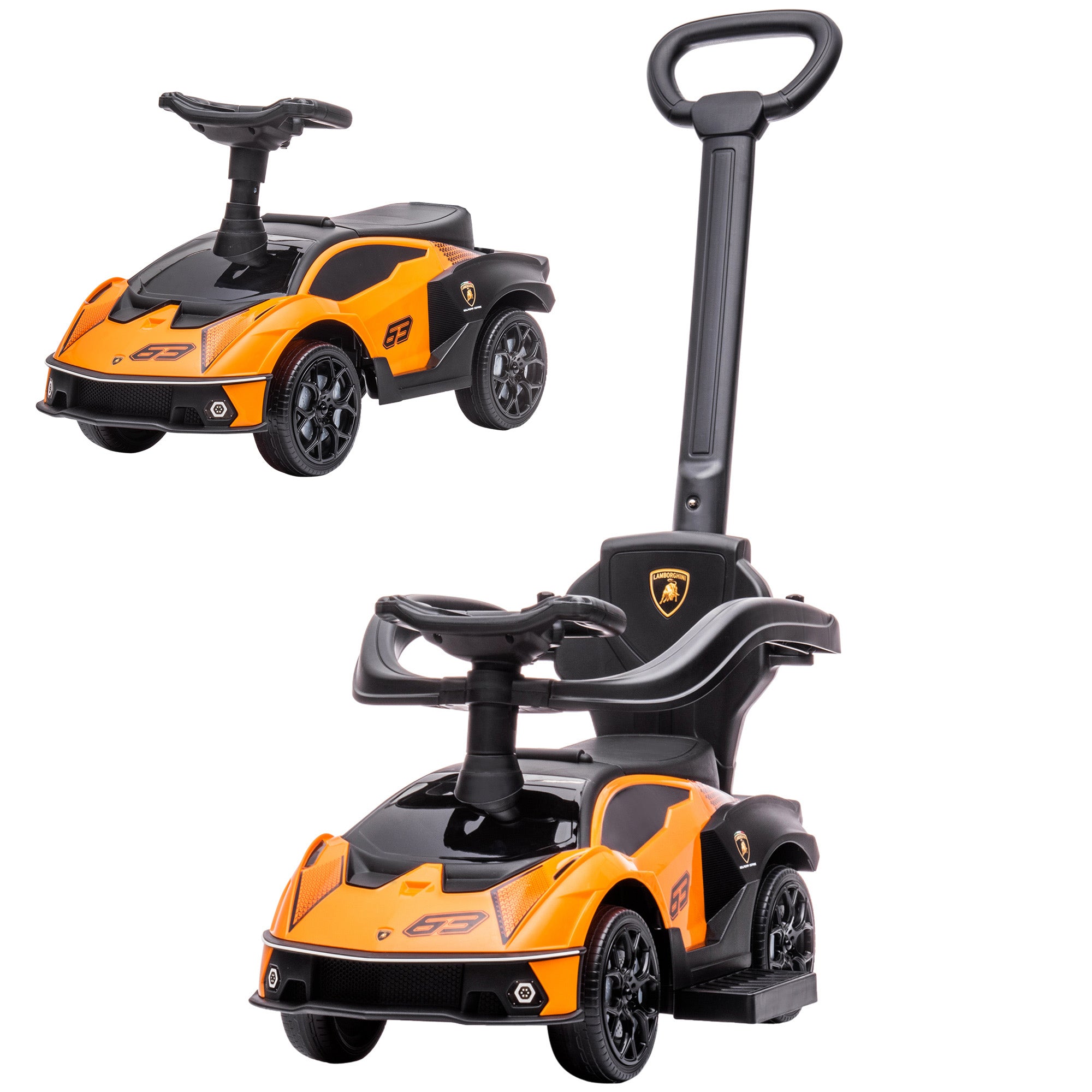 2-in-1 Ride On Push Car for Toddlers 1-3, Licensed Stroller Sliding Car, Push-Along with Under Seat Storage Horn Engine Sound and Steering Wheel, Manual, Orange