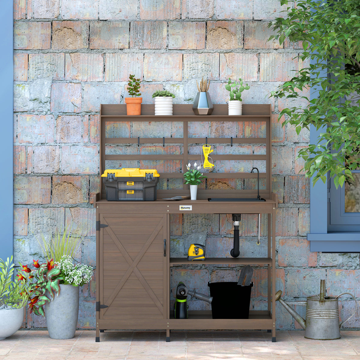 Wooden Potting Bench with Storage, Sink, Water Tap for Backyard, Patio, Balcony, Dark Brown