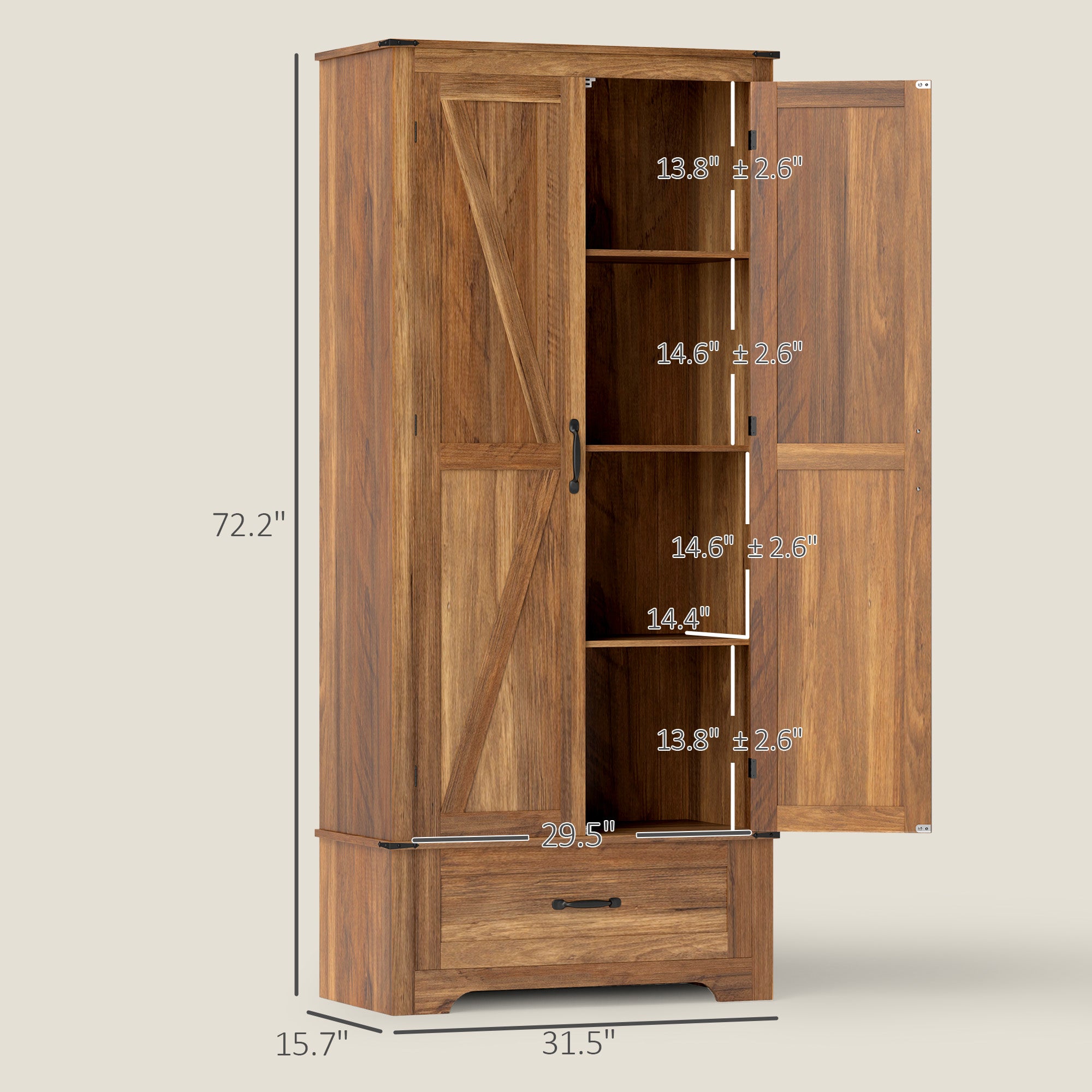 72" Farmhouse Pantry Cabinet with Adjustable Shelves, Kitchen Pantry Cabinet with 2 Doors, Brown