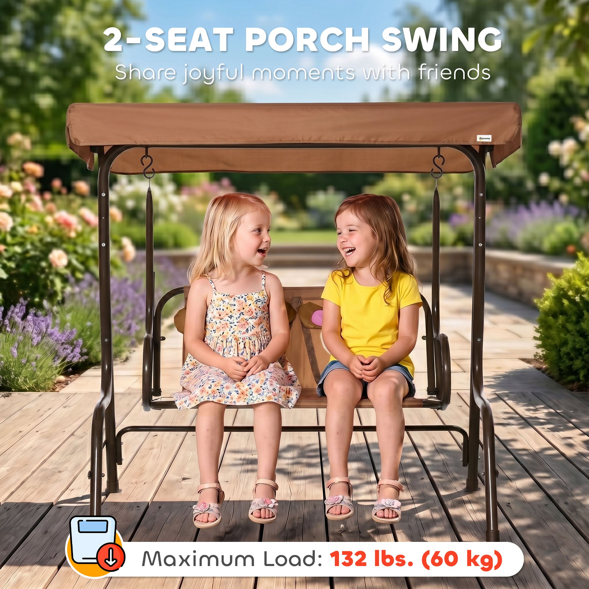 Kids Patio Swing, 2-Seater Outdoor Swing Chair with Adjustable Canopy and Safety Belt, Monkey Pattern Hanging Swing Bench for Garden or Backyard, Coffee