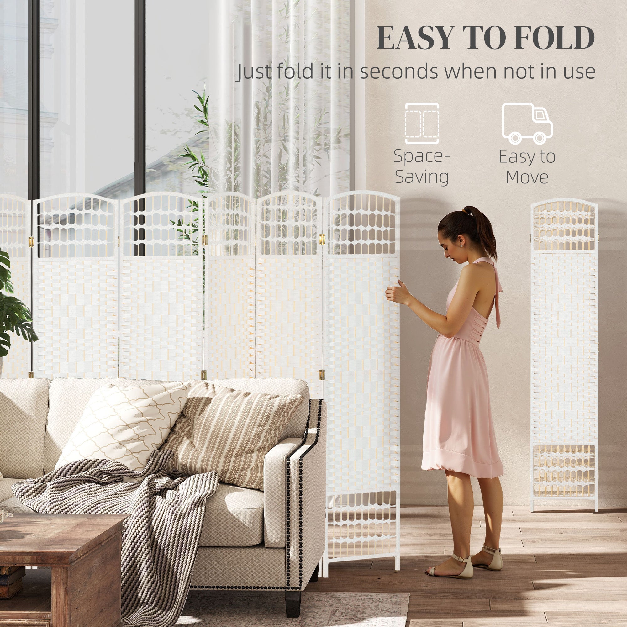 8 Panel Folding Room Divider Portable Privacy Screen Wave Fiber Room Partition for Home Office White