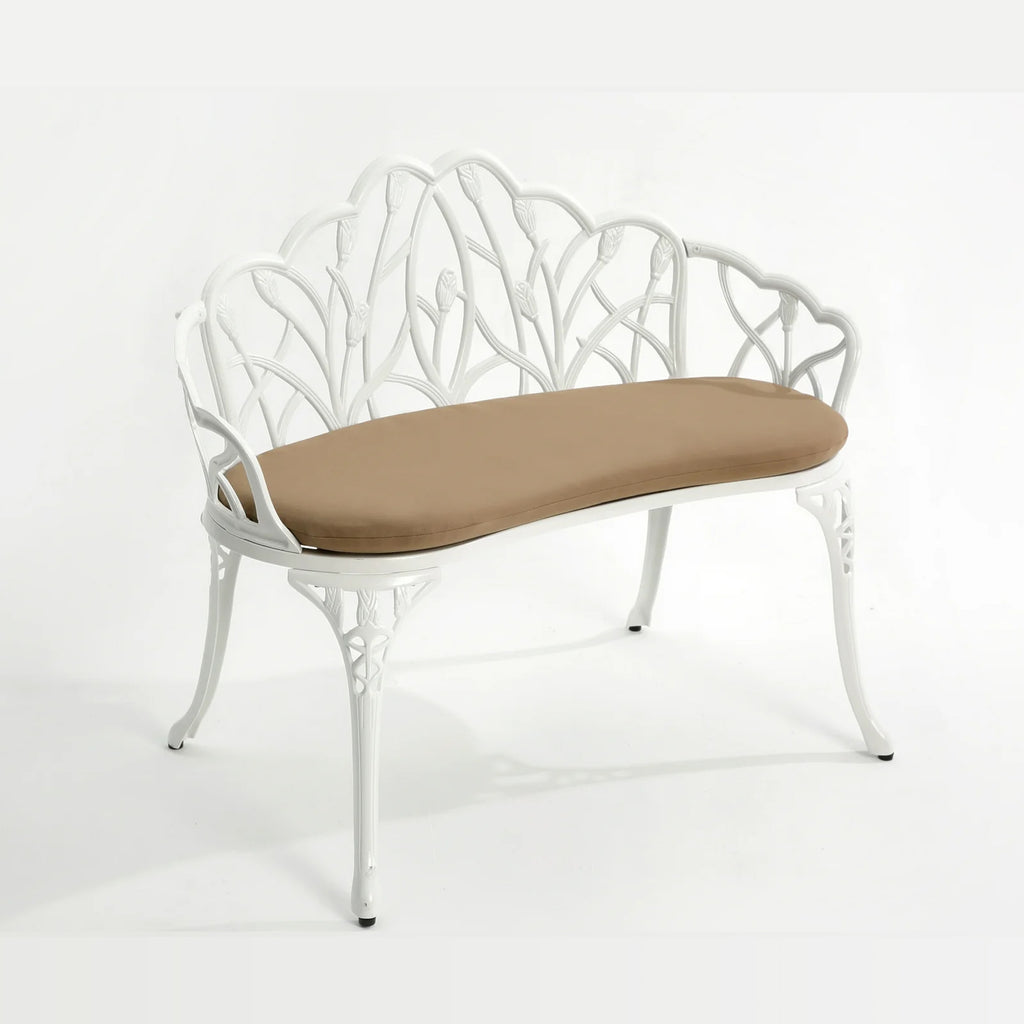 Patio Garden Bench with Floral Tulip Design, Cushion, Ergonomic Outdoor Park Bench with Cast Aluminum Frame, 39" L x 21.5" W x 31" H, White