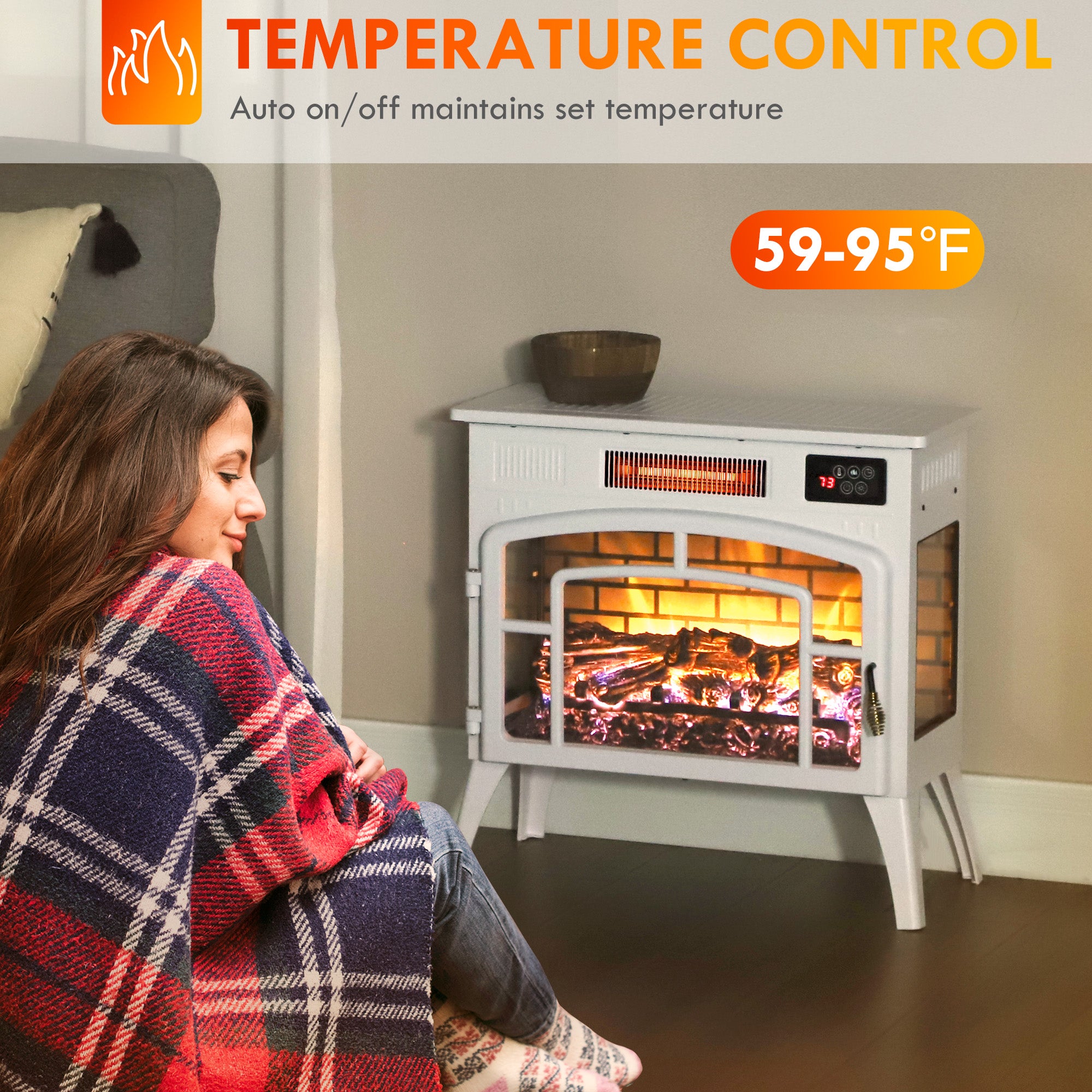 Electric Fireplace Stove, Infrared Fireplace Heater with Realistic Flame & Adjustable Temperature, 1500W, White