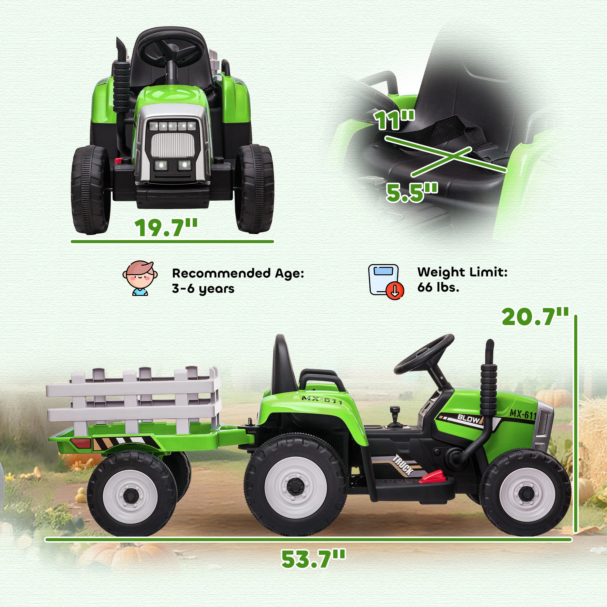 12V Ride on Tractor with Trailer, 25W Dual Motors, Battery Powered Electric Tractor with Remote Control, Music Startup Sound and Horn, LED Lights, Green