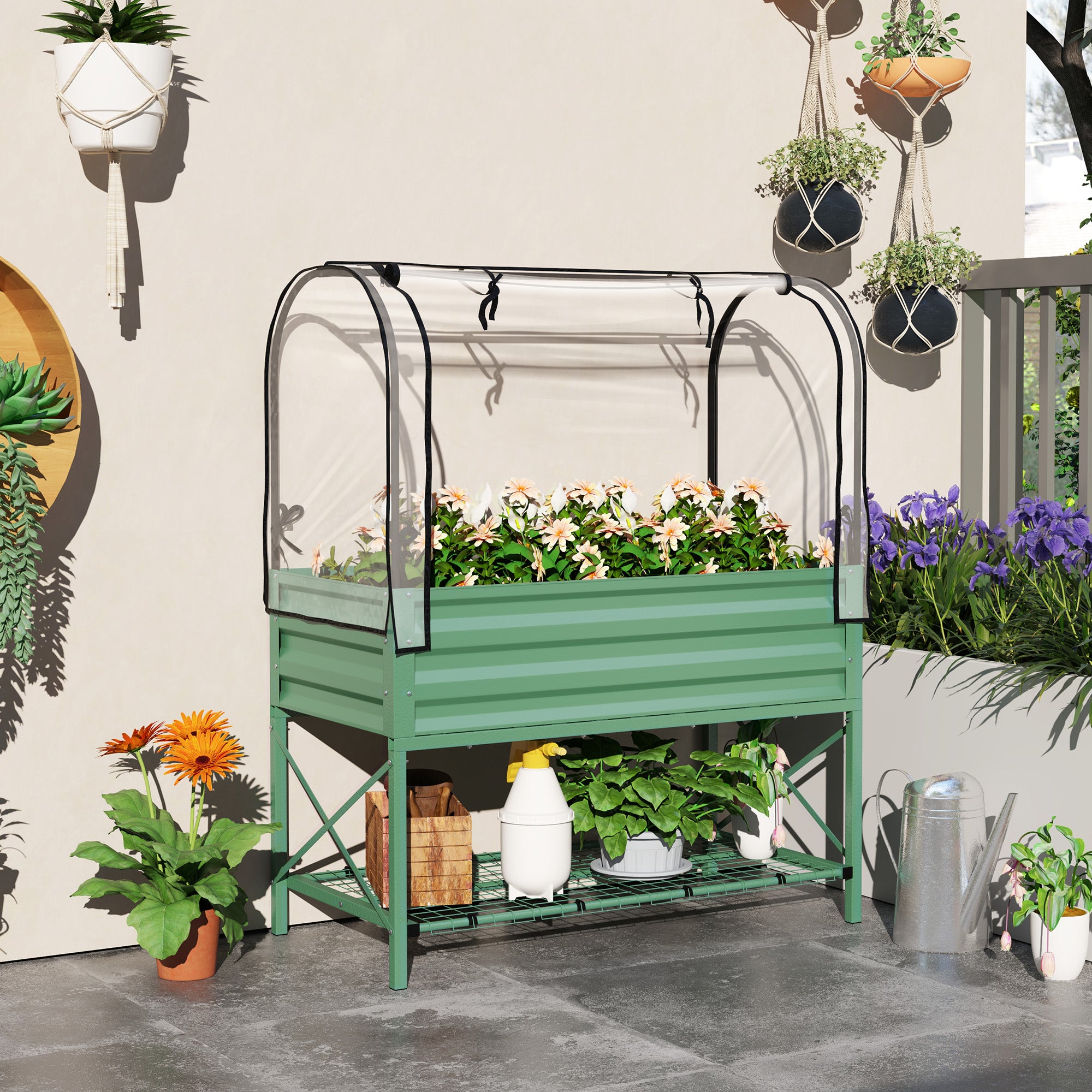 Raised Garden Bed with Legs and Cover, Metal Elevated Planter Box with Bottom Shelf and Liner for Vegetables, Green