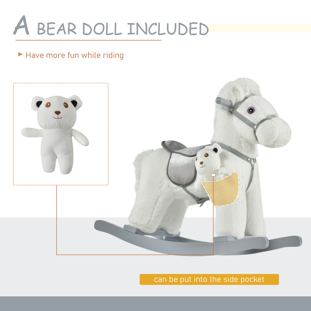 Kids Rocking Horse with Bear Toy, Plush Animal Rocker with Fun Realistic Sounds for Toddler 18-36 Months, White