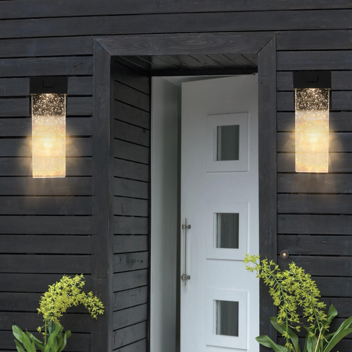 2-Pack Outdoor Wall Light Fixture with Bubble Crystal and Light Sensor, Weatherproof LED Wall Sconce, 12W Per Lamp, 3.5" L x 4.5" W x 12" H, Black