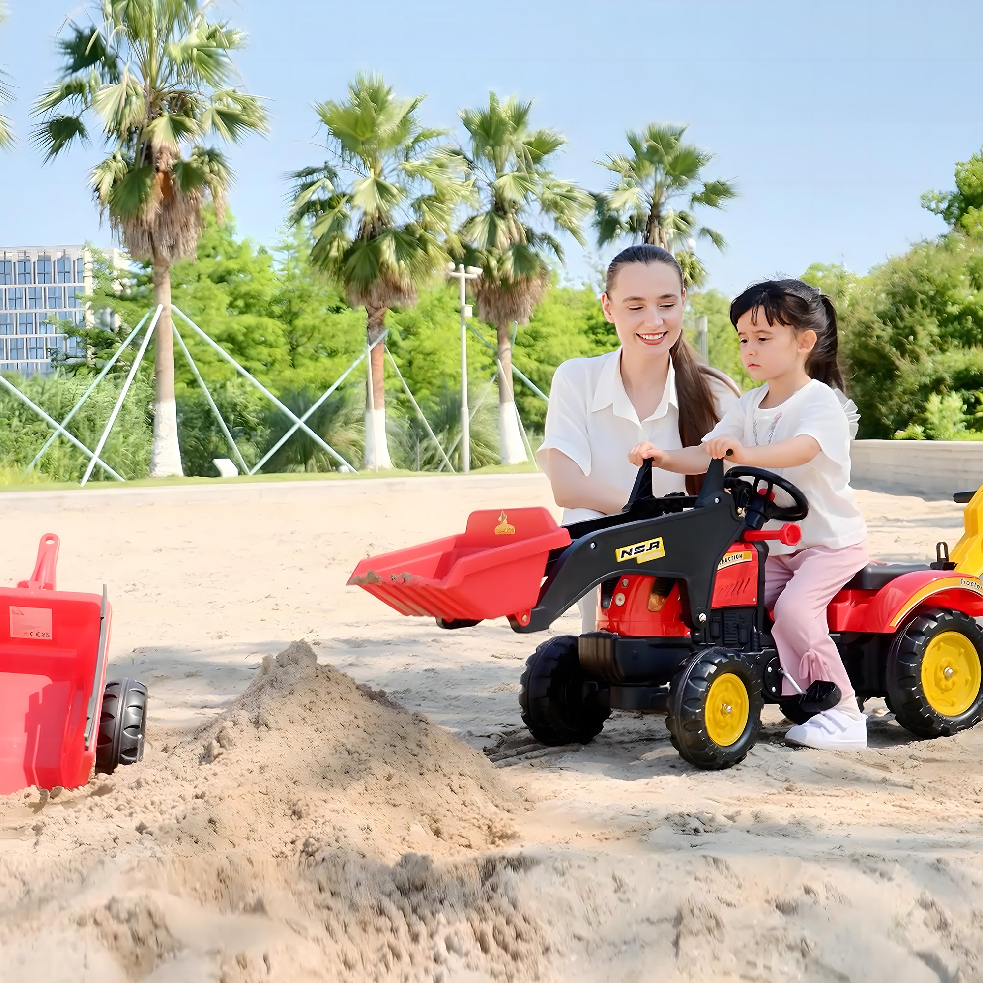 3 in1 Kids Ride On Bulldozer Excavator Toy with 6 Wheels Controllable Cargo Trailer Easy Pedal Controls for 3-6 Years