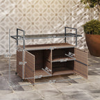 2-Tier Shelf PE Rattan Outdoor Bar Table, Glass Top Outdoor Serving Cart with Cabinet, Mixed Brown