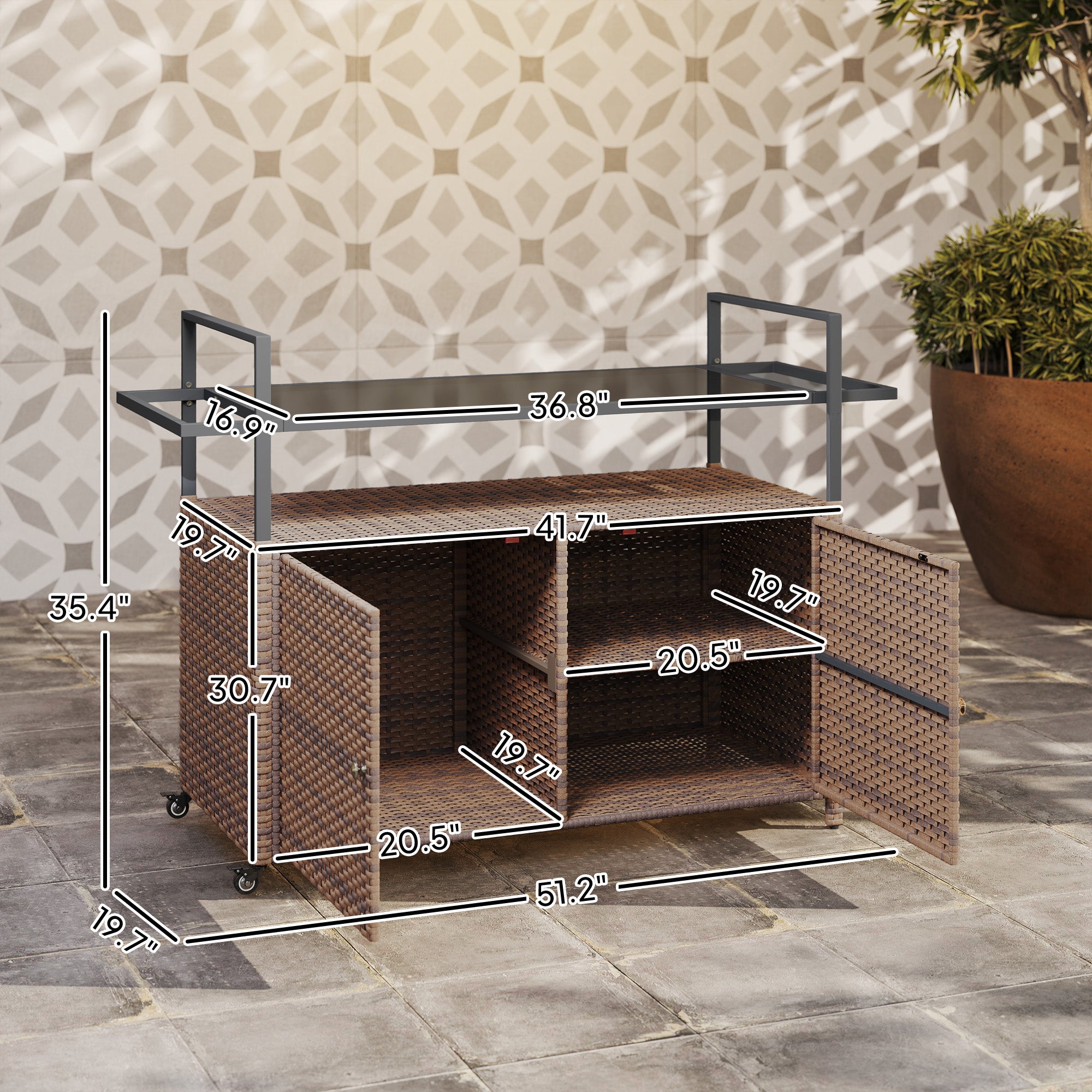 2-Tier Shelf PE Rattan Outdoor Bar Table, Glass Top Outdoor Serving Cart with Cabinet, Mixed Brown