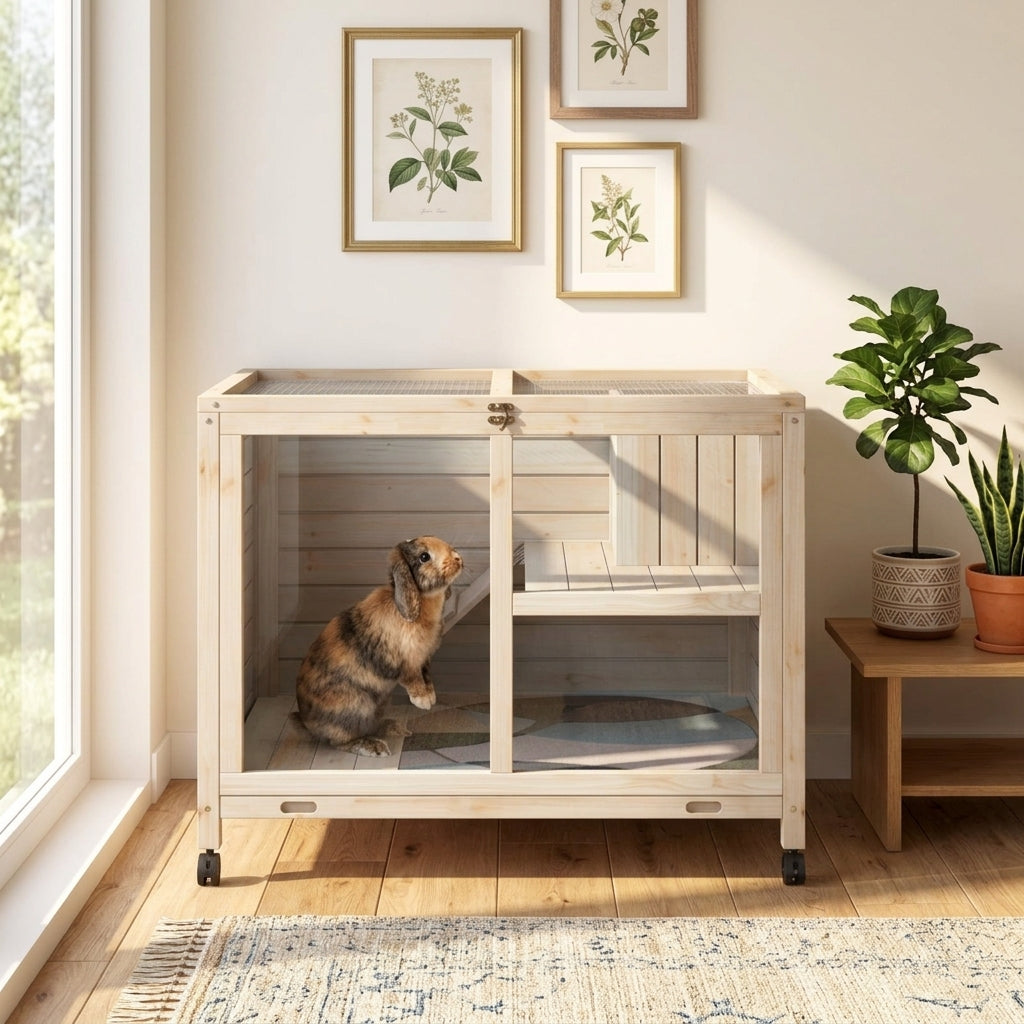 Rabbit Hutch with Wheels, Desk and Side Table Sized, Wooden Rabbit Cage, Waterproof Small Bunny Cage with Removable Tray, Openable Roof, for Rabbits, Chickens, Ducks, Indoor/Outdoor, Natural