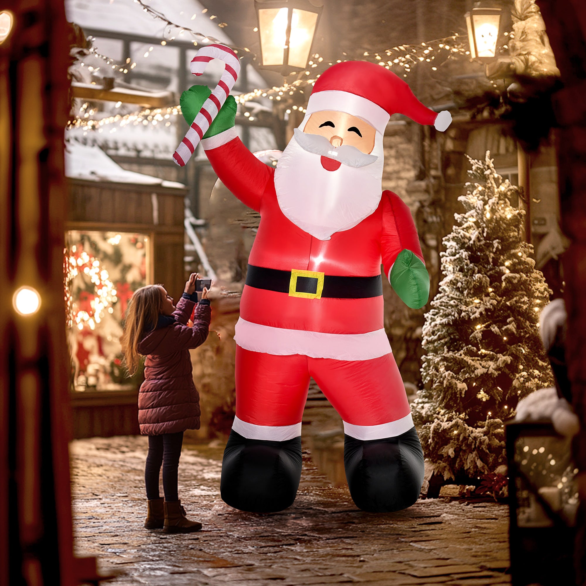 8' Christmas Inflatable Santa Claus with Candy Cane, Outdoor Blow-Up Yard Decoration with LED Lights Display