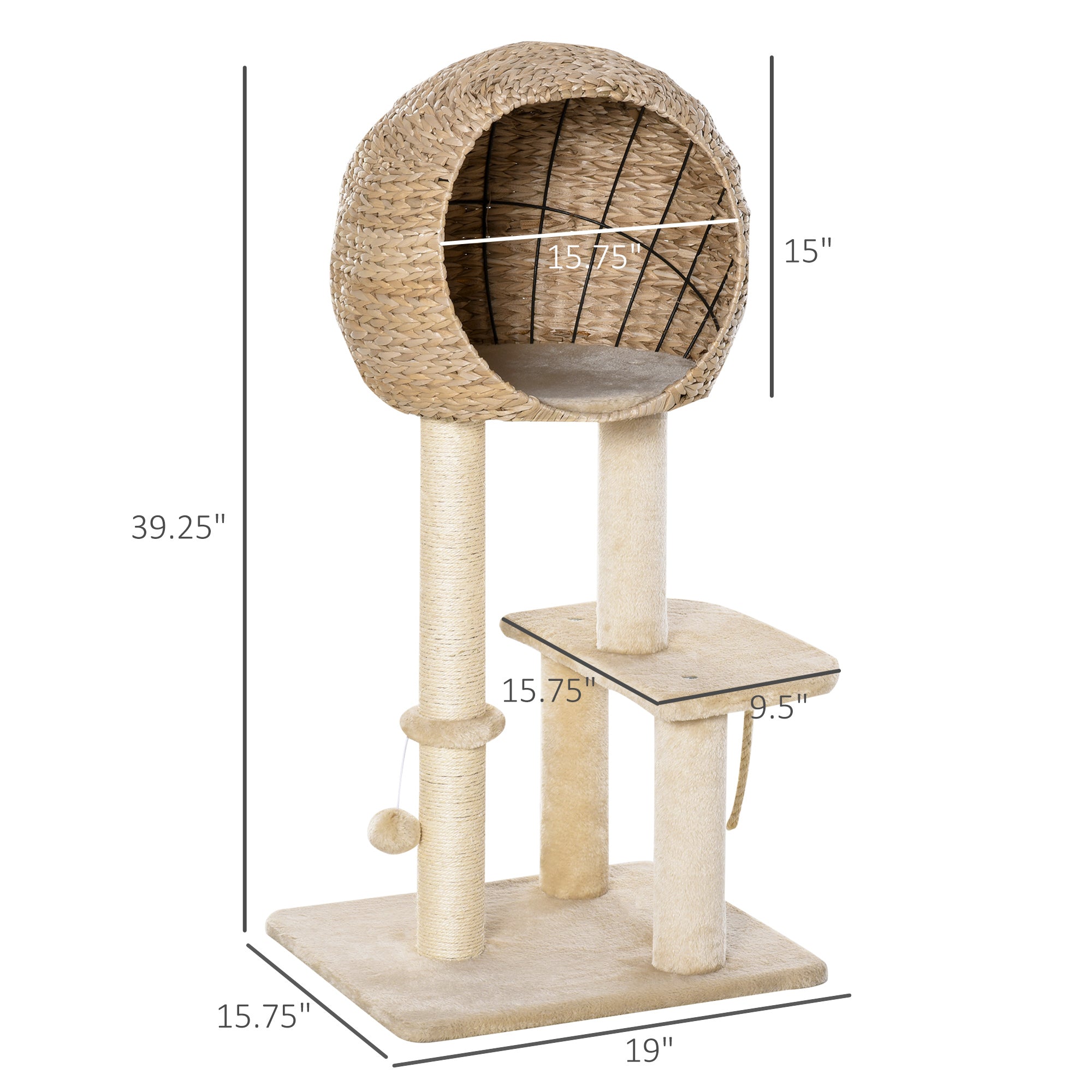 Cat Tree with Sisal Scratching Post Condo and Hanging Rope 39" H, Beige