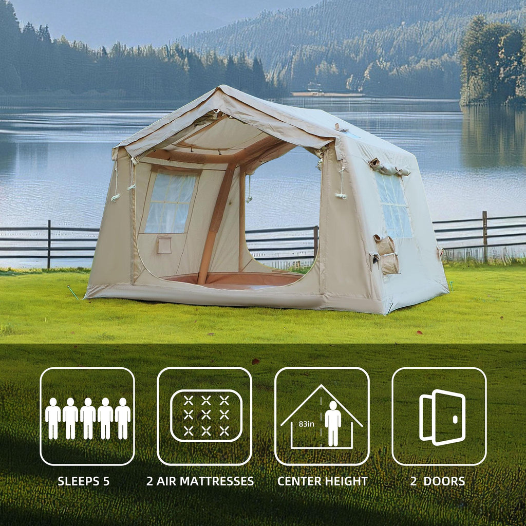 4-Season Camping Tent with Extended Awning and Higher Sidewalls, Waterproof Family Tent with Dual Doors, 126″ L x 98.5″ W x 82.5″ H, Beige
