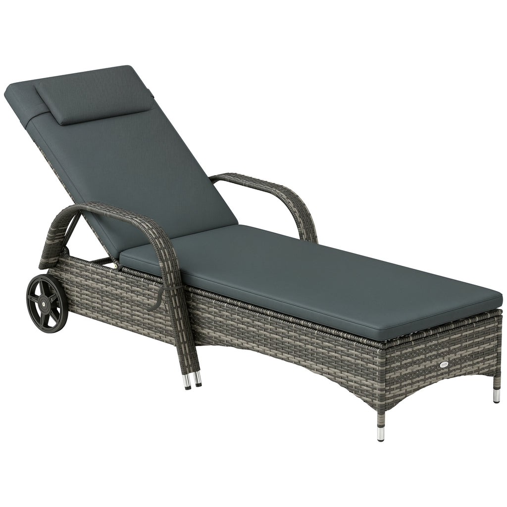 Outdoor Chaise Lounge, 5-Level Adjustable Backrest Rattan Pool Lounge Chair with Wheels, Cushion & Headrest, Black