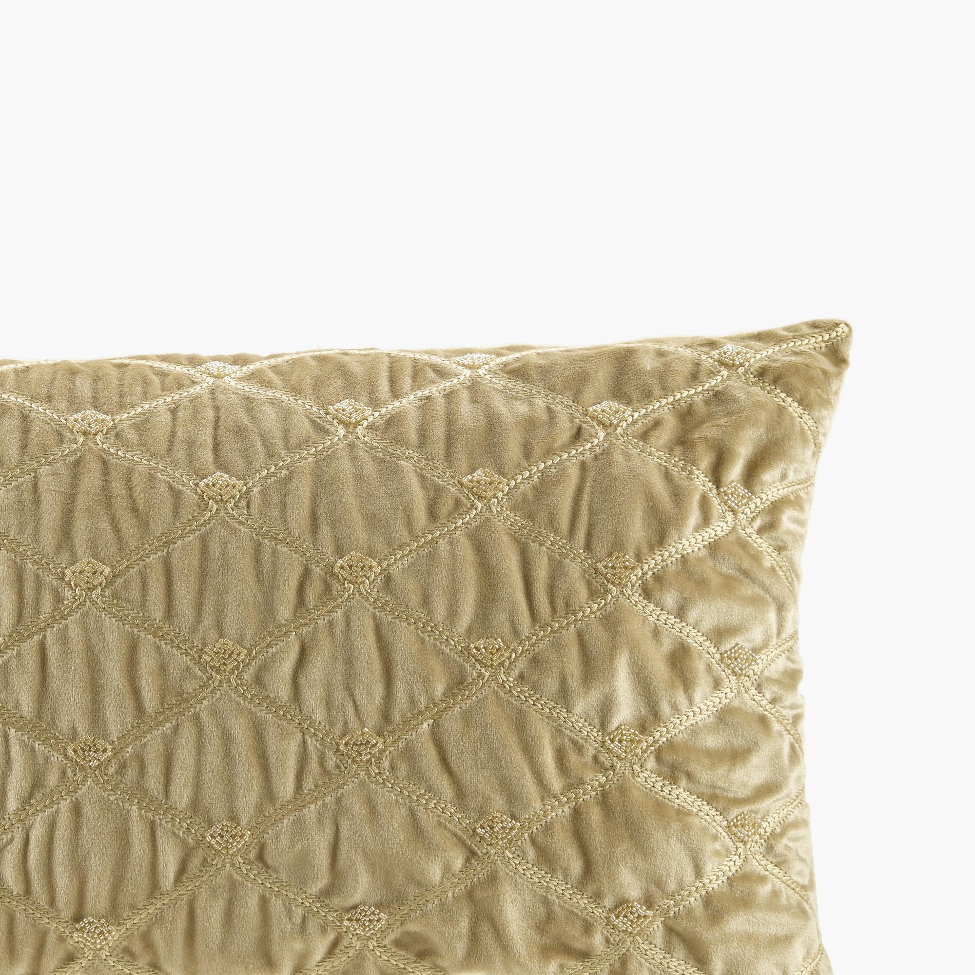 Oblong Decor Pillow with Hand-Beaded Embellishments, Velvet Cover, Removable Goose Feather Insert, 22" L x 15" W x 5" H, Gold