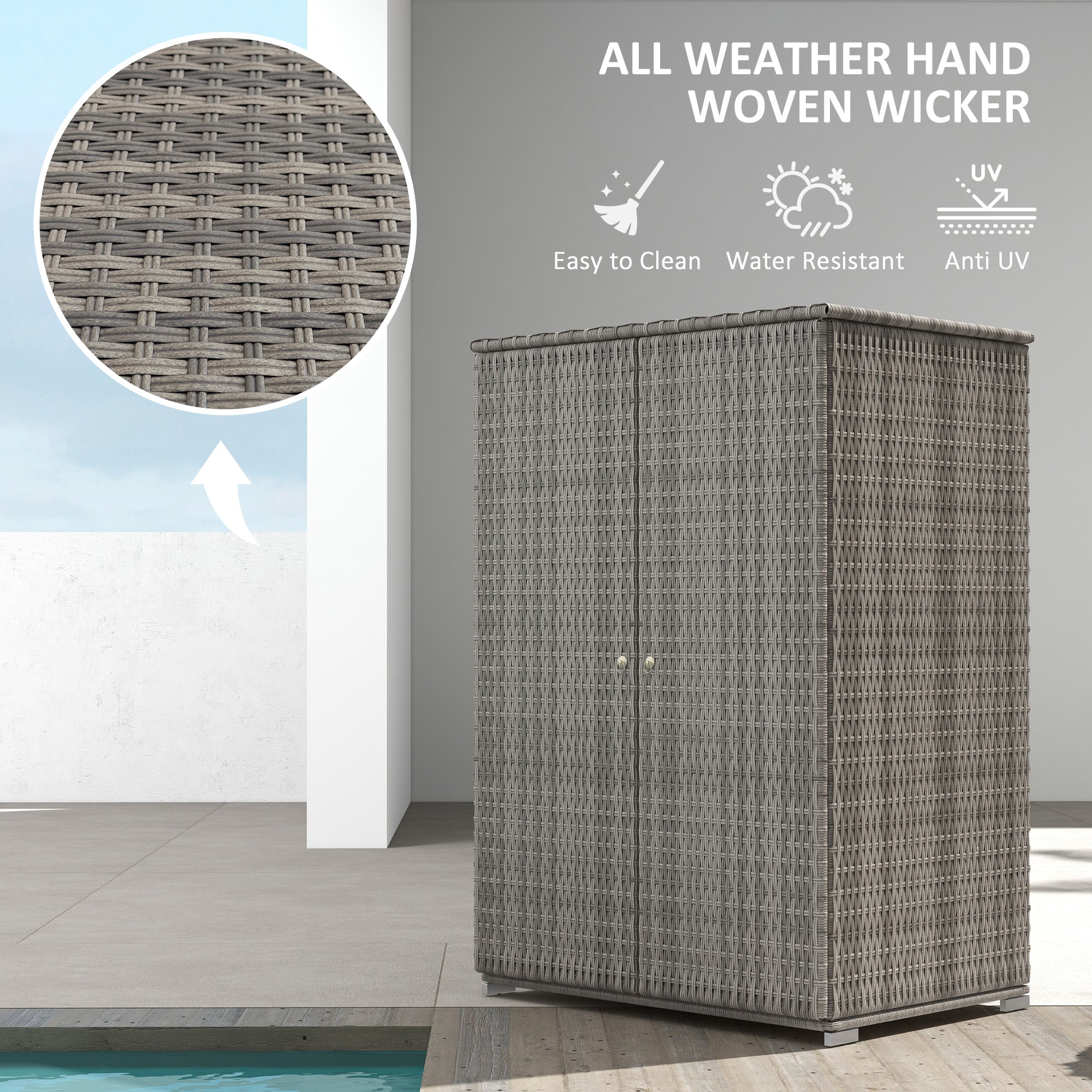 Outdoor Storage Cabinet with Shelves, Rattan Pool Towel Storage Cabinet with Removable Shelf & Drawer, Dark Gray