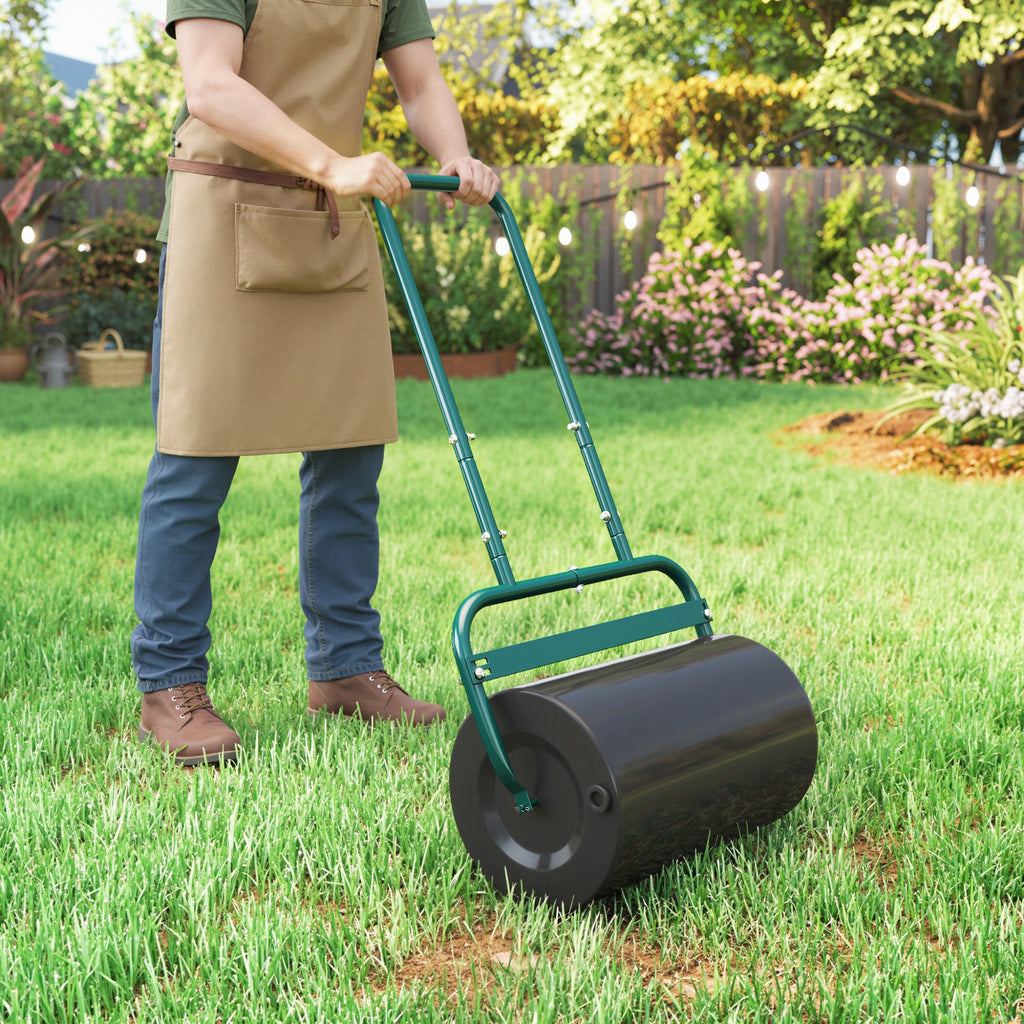 20-Inch Push/Tow Behind Lawn Roller Filled with 10 Gal Water or Sand for Flattening Sod in the Garden, Dark Green