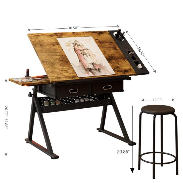Adjustable Drafting Table Desk with Tilt Top, 2 Large Fabric Drawers, Drawing Desk with Side Pen Storage, 38.5" L x 23.5" W x 27" - 36" H, Brown