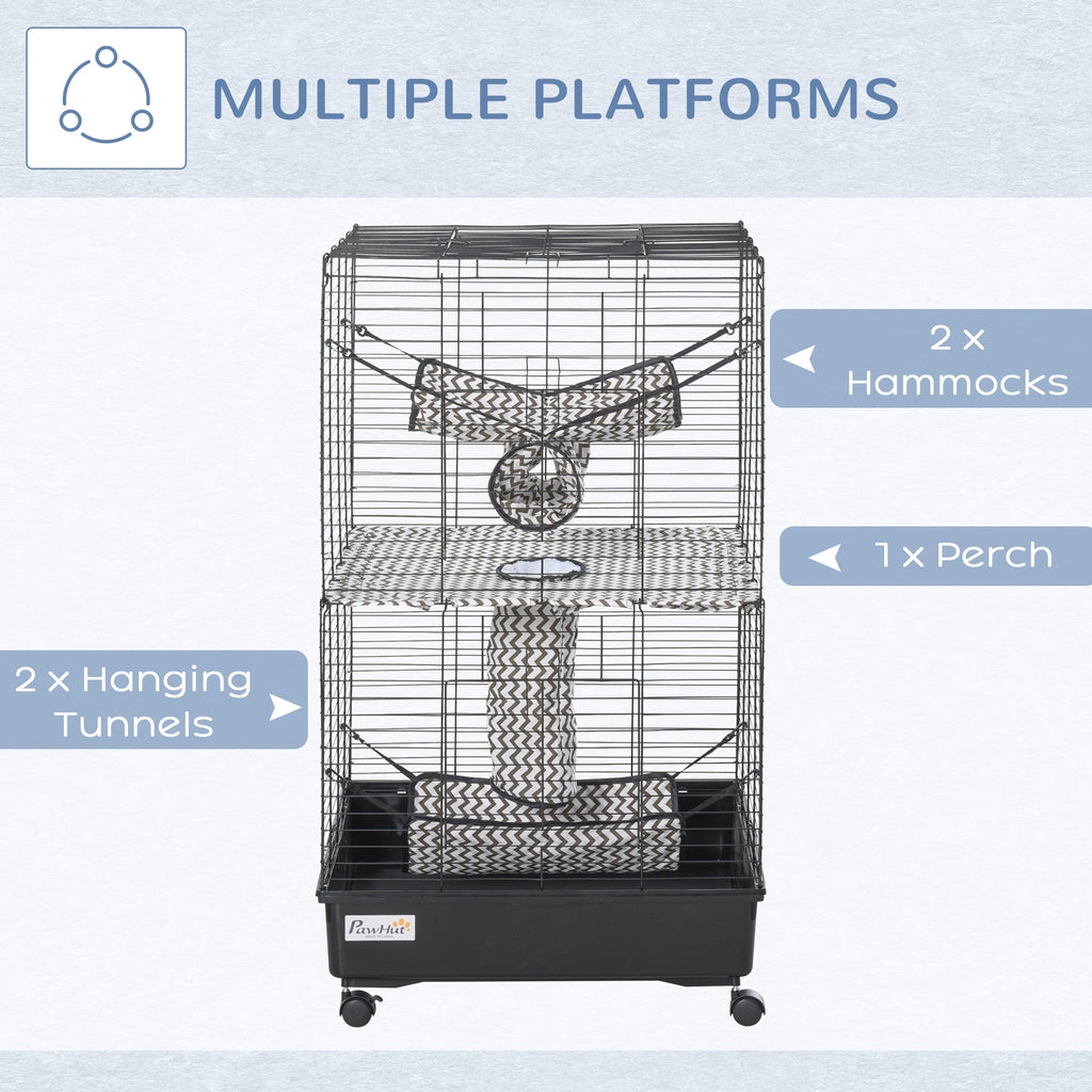 42" Ferret Cage, Small Animal Habitat Metal Pet Cage with Wheels Brakes, Hammocks, Hanging Tunnels, and 3 Doors, Black