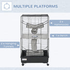 42" Ferret Cage, Small Animal Habitat Metal Pet Cage with Wheels Brakes, Hammocks, Hanging Tunnels, and 3 Doors, Black