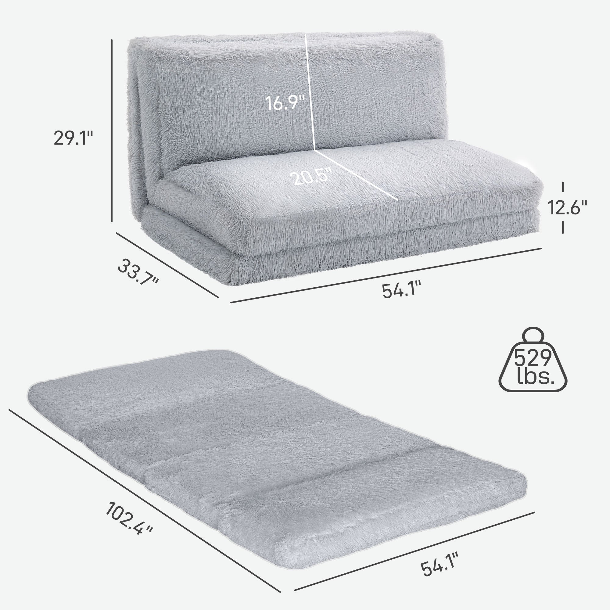 Bean Bag Floor Sofa Bed, Contemporary Plush Wide Folding Floor Mattress, Foam Filling Wall Couch Sleeper, Light Gray