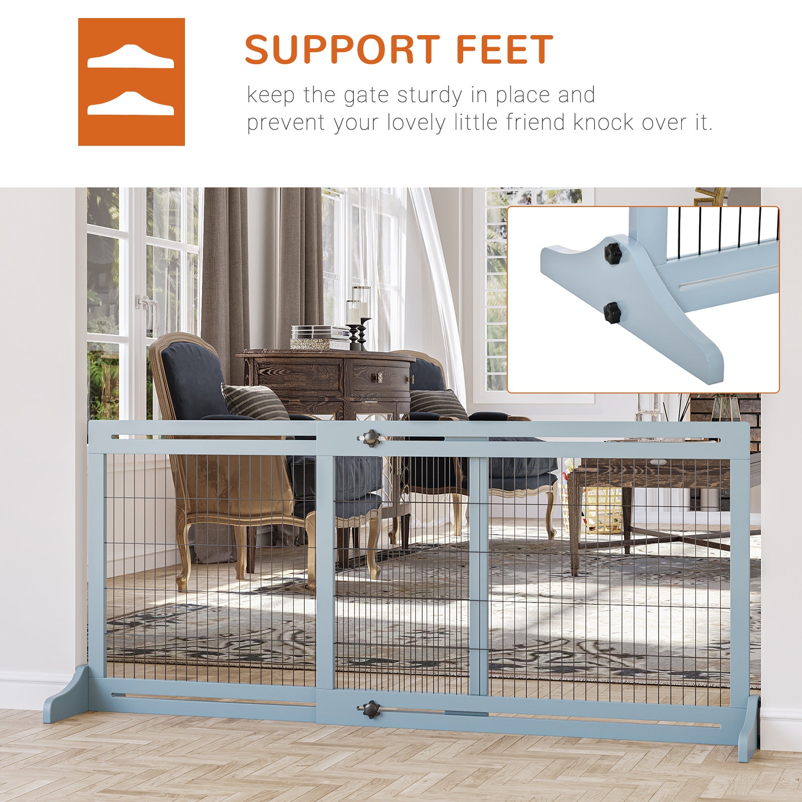 71" W x 27.25" H Extra Wide Freestanding Pet Gate with Adjustable Length Dog, Cat, Barrier for House, Doorway, Hallway, Blue-Gray