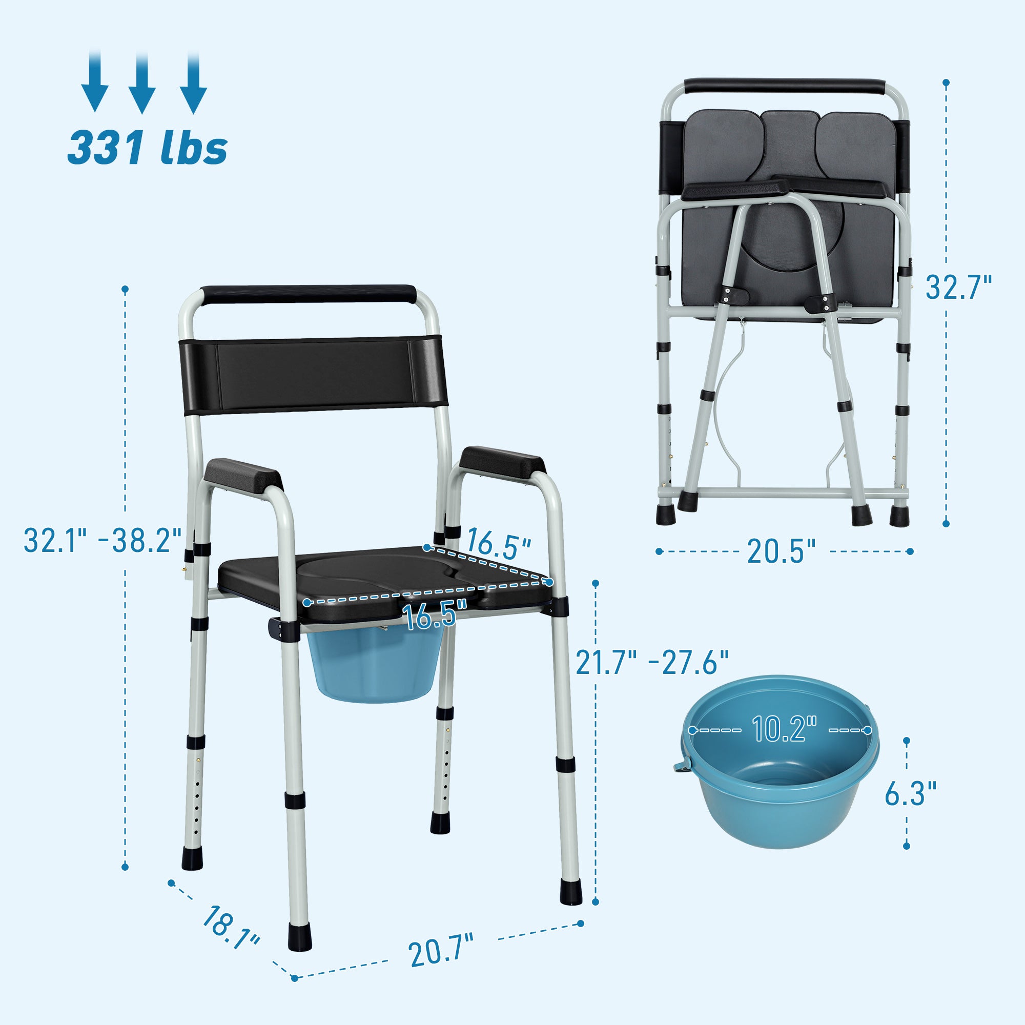 Bedside Commode Chair for Seniors, Adults, Handicap, Raised Toilet Seat with Arm, Adjustable Height, 331 lbs, Black