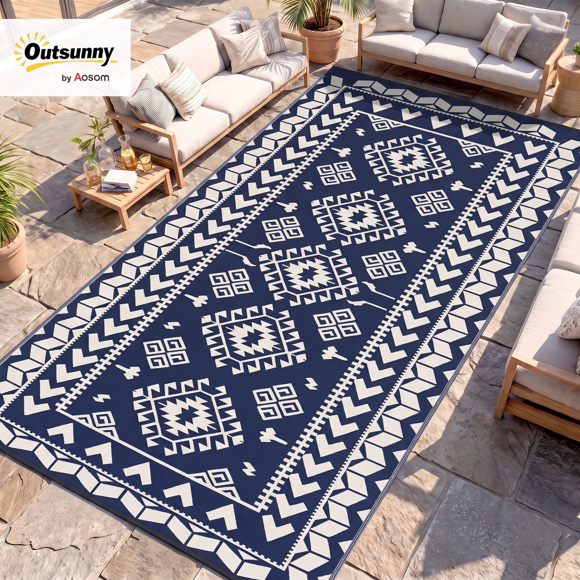 Reversible Outdoor Rug, Waterproof Plastic Straw with Carry Bag, 9' x 18', Blue & White Rhombus Patchwork